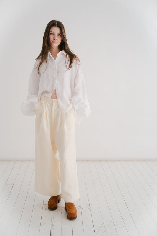 BOYFRIEND TROUSERS - TUSK | The Boyfriend Trouser - a new, more tailored piece for SS24. Cut with a dropped crotch and wide leg. Contrasted with a smart waistband and pleat detail, these are so wearable yet will make you feel really put together. They pai