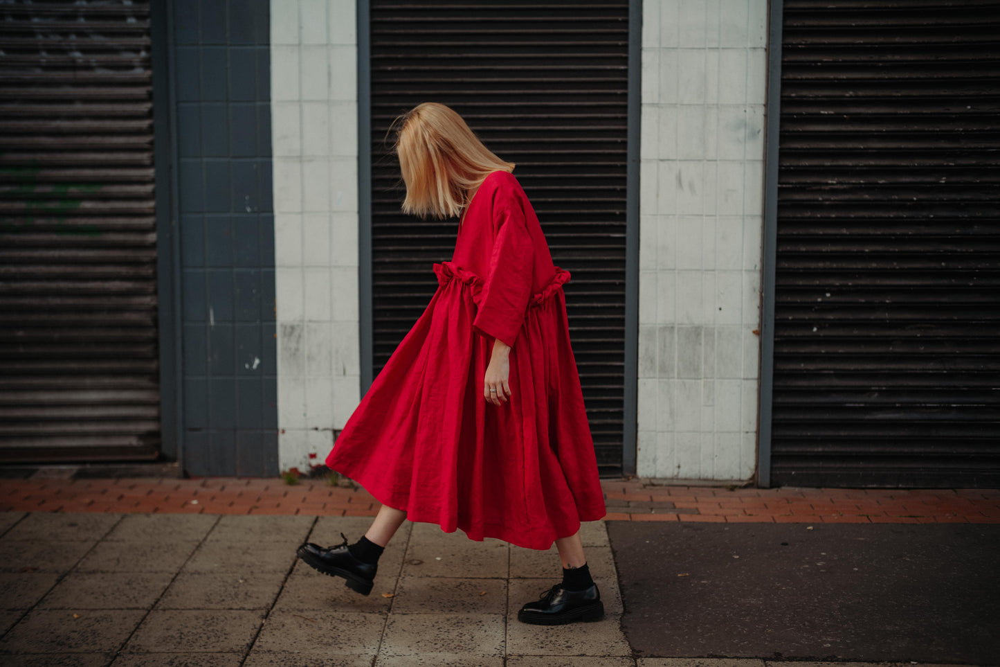 THE PUFF DRESS | POPPY | Our playful party dress this season.An effortless and feminine silhouette with a playful burst of puffed linen at the waist. Can be worn both ways, with 'V' to the front or back. The 'poppy' colourway is vibrant and fun. Created w