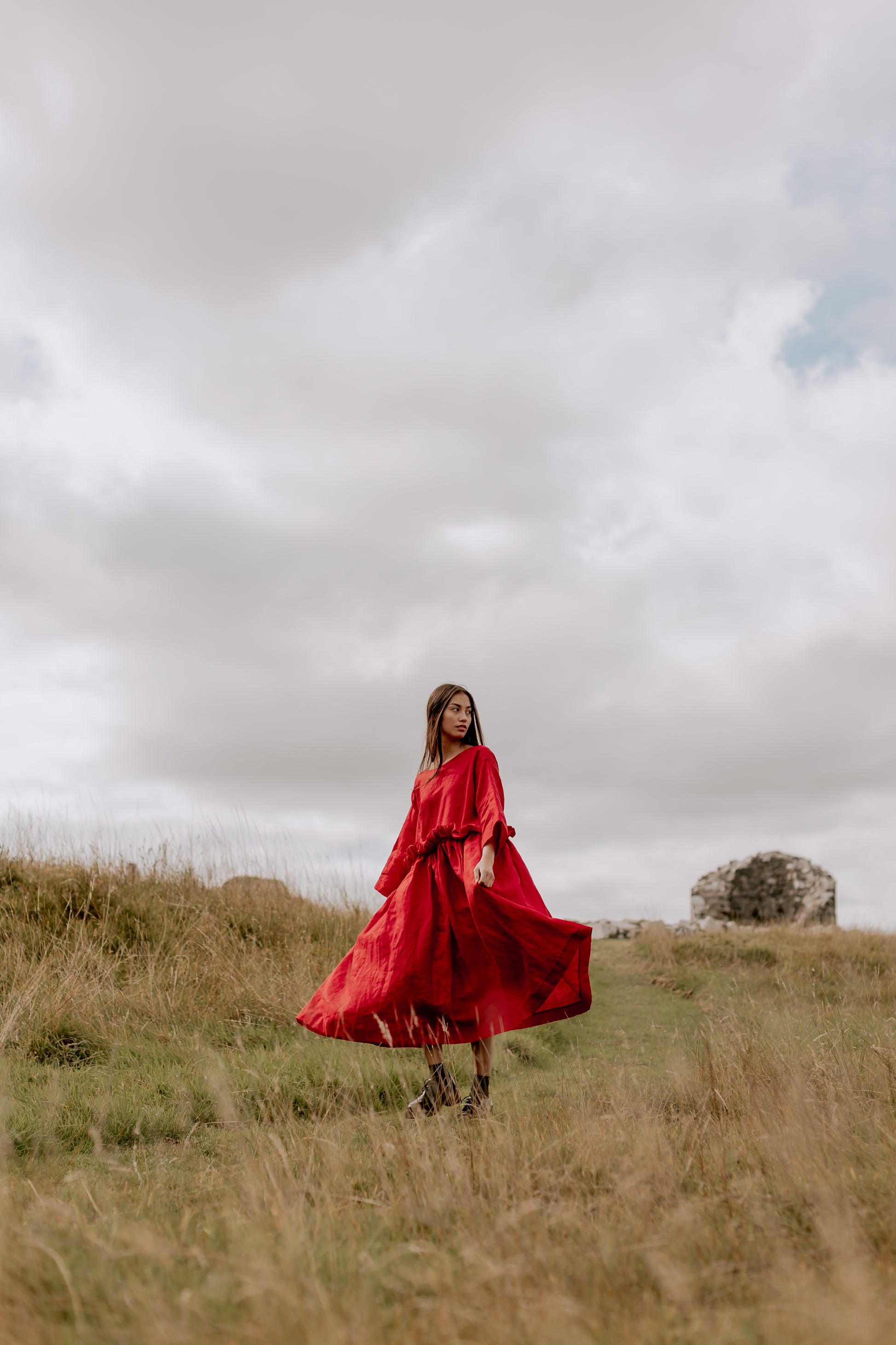 THE PUFF DRESS | POPPY | Our playful party dress this season.An effortless and feminine silhouette with a playful burst of puffed linen at the waist. Can be worn both ways, with 'V' to the front or back. The 'poppy' colourway is vibrant and fun. Created w