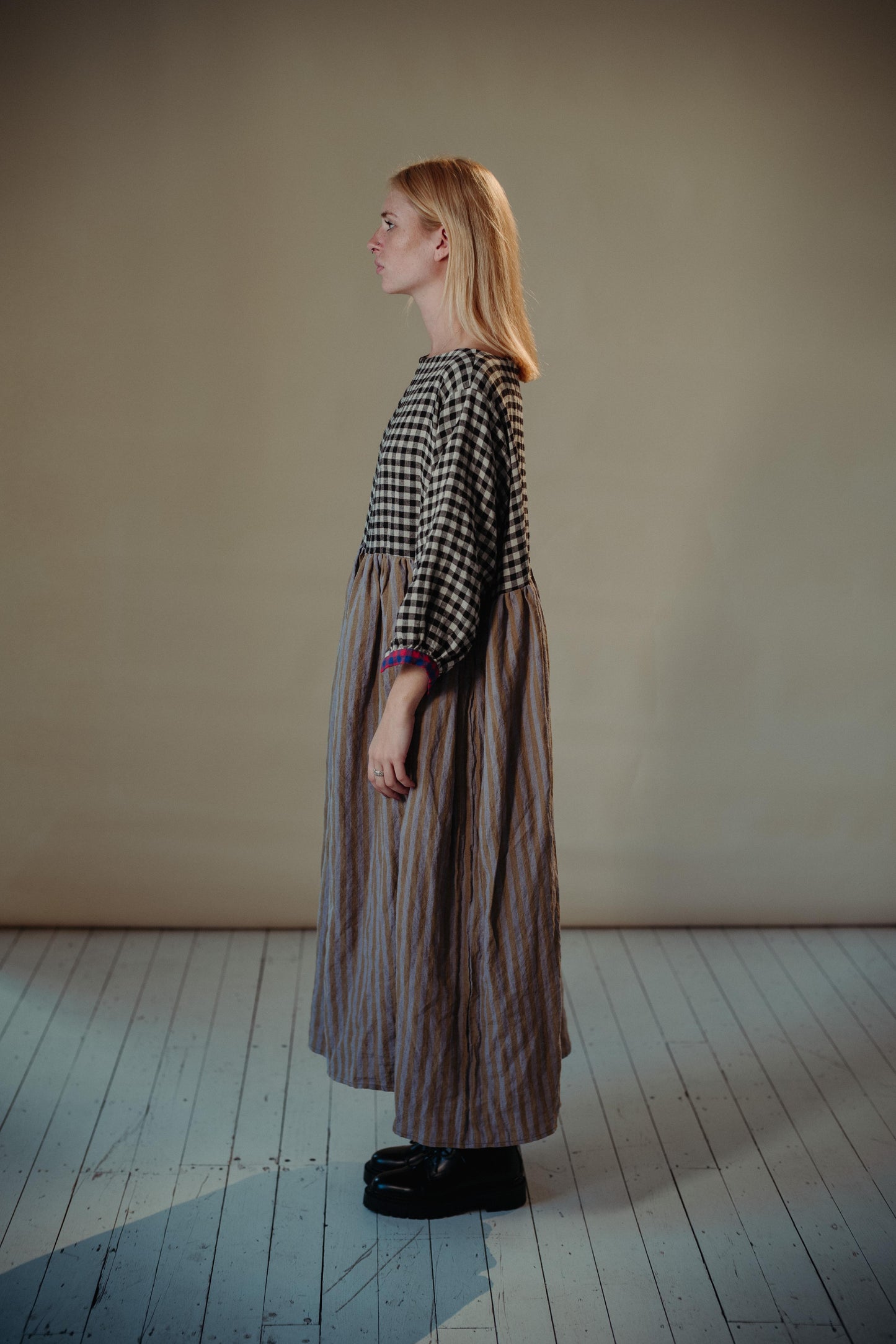 DELILAH DRESS | PATCHWORK | The Delilah Dress in patchwork. Created with beautiful soft tones of washed linen. A new silhouette for us - the dress features a longer hem and wide neckline. Works nicely with our new Mel knitted vest. Side seam pockets. Made