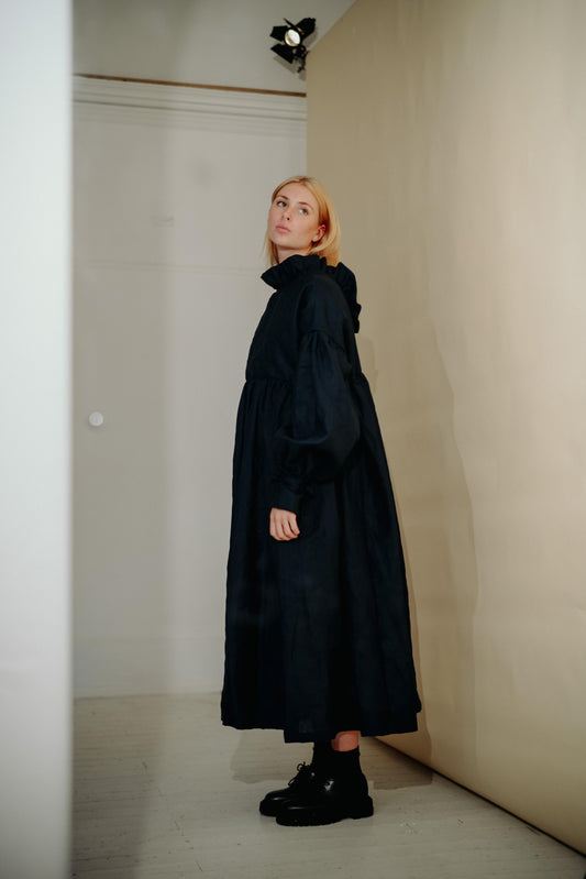 CAMILLE DRESS | NAVY | She has become one of our signature pieces, so we thought it only right to offer a wintery navy version. Camille is a delight to wear. A wrap dress that features a ruffle collar, balloon sleeves and a bow cuff detail. The dress can