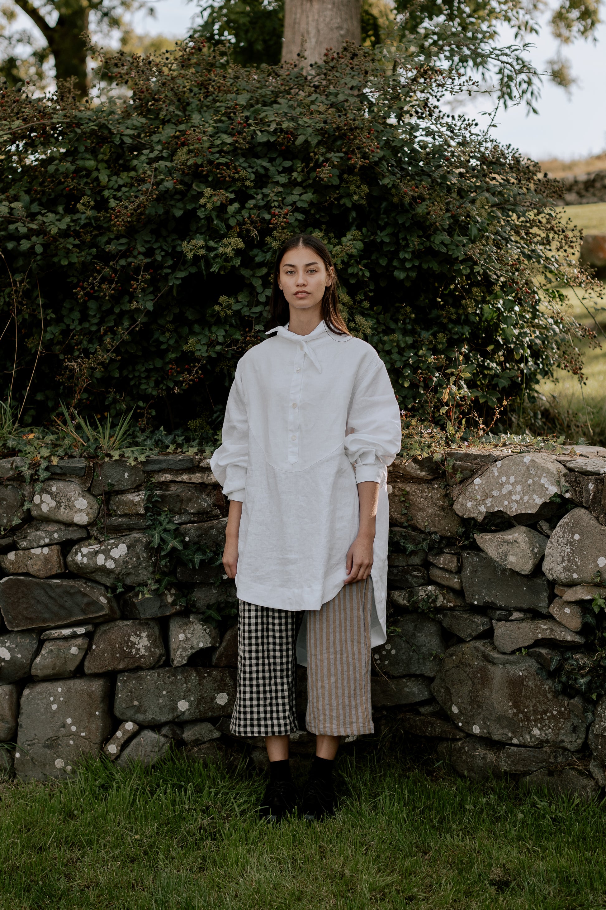 AMELIA TROUSERS | PATCHWORK | Our new patchwork amelia trousers with contrasting legs. Created with soft tumbled Irish linen in black/natural gingham and lavender/olive stripe. Oversized fit, elasticated waist and side seam pockets.