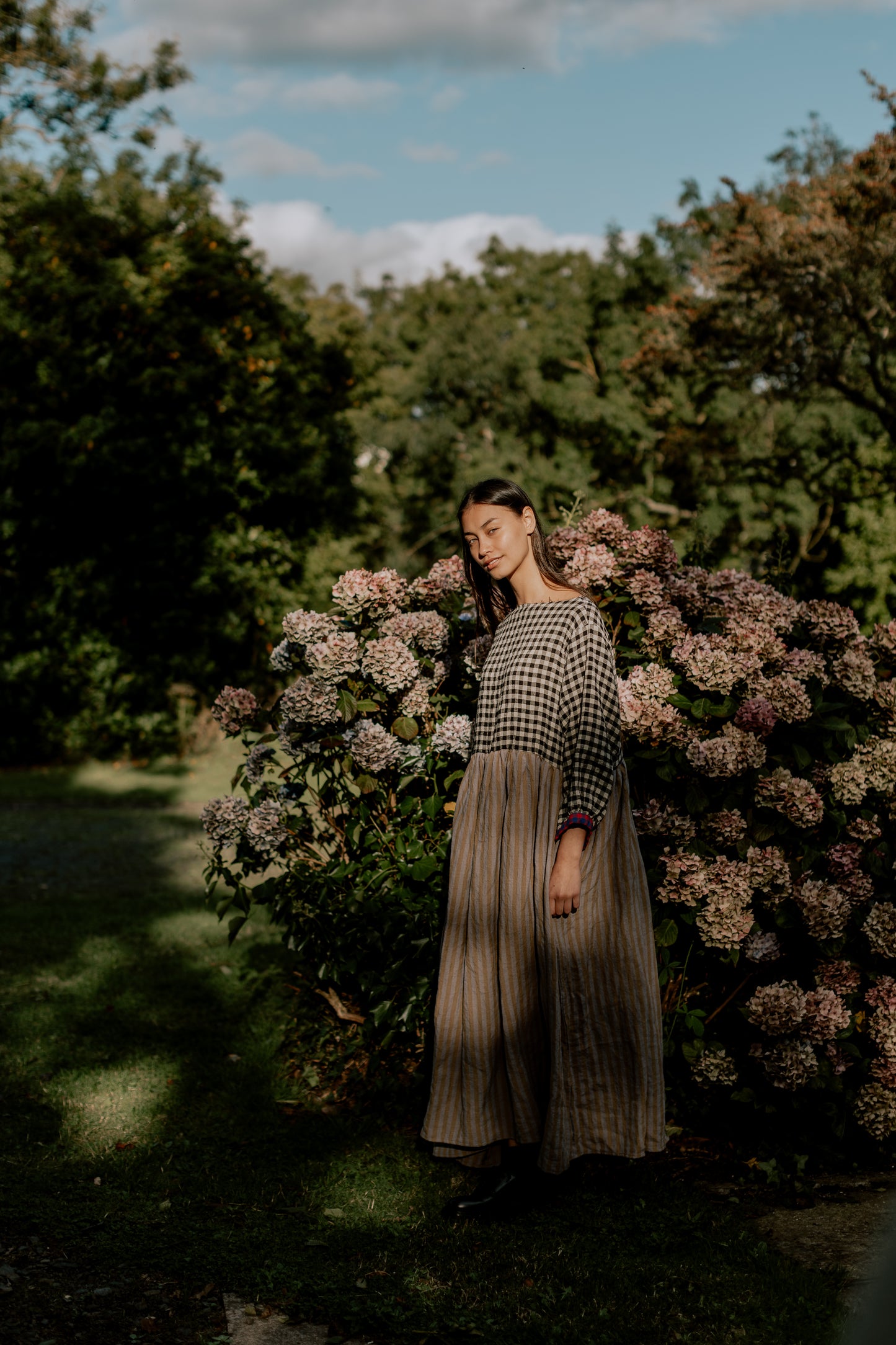 DELILAH DRESS | PATCHWORK | The Delilah Dress in patchwork. Created with beautiful soft tones of washed linen. A new silhouette for us - the dress features a longer hem and wide neckline. Works nicely with our new Mel knitted vest. Side seam pockets. Made