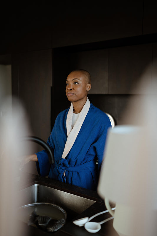 DANA ROBE | Your morning coffee will hit a little different wearing The Dana Robe. Created with our much loved striking blue linen, and contrasted with a soft pink naturally dyed lapels. Dana is a little the little bit of luxury your morning routine needs