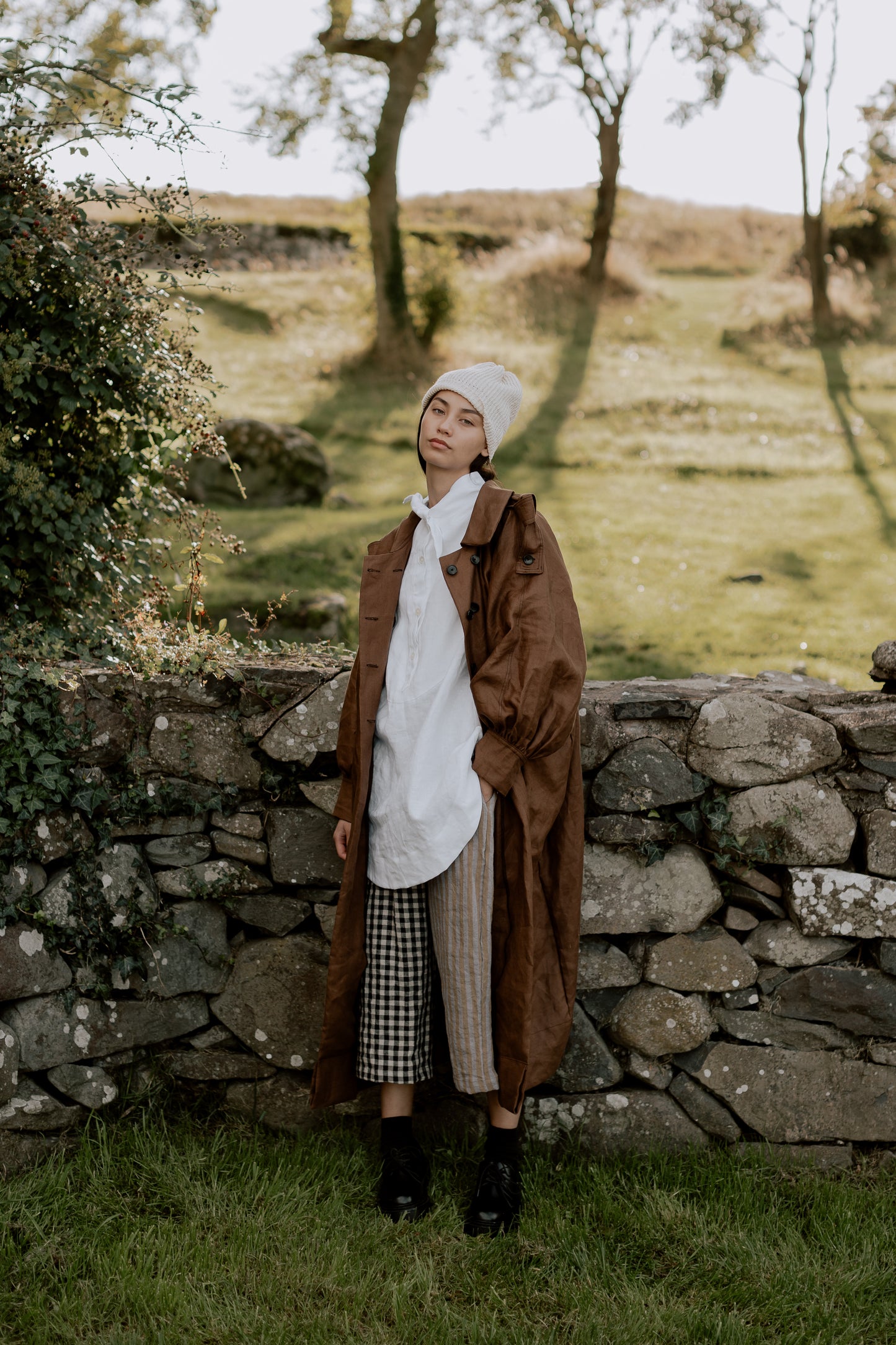 AMELIA TROUSERS | PATCHWORK | Our new patchwork amelia trousers with contrasting legs. Created with soft tumbled Irish linen in black/natural gingham and lavender/olive stripe. Oversized fit, elasticated waist and side seam pockets.