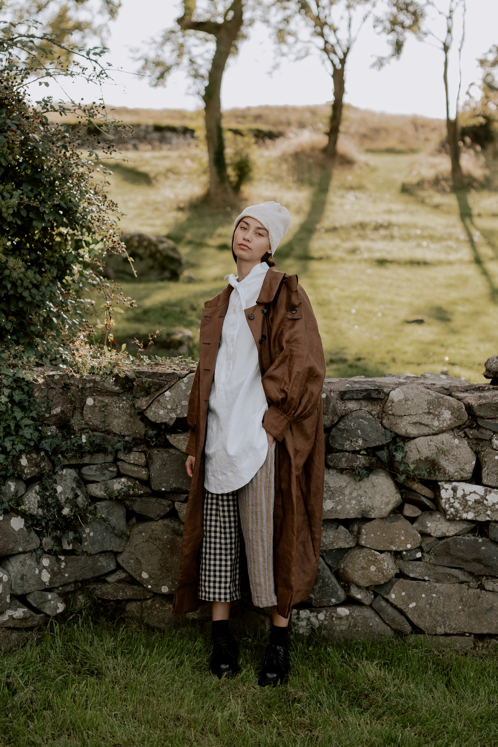 AMELIA TROUSERS | PATCHWORK | Our new patchwork amelia trousers with contrasting legs. Created with soft tumbled Irish linen in black/natural gingham and lavender/olive stripe. Oversized fit, elasticated waist and side seam pockets.