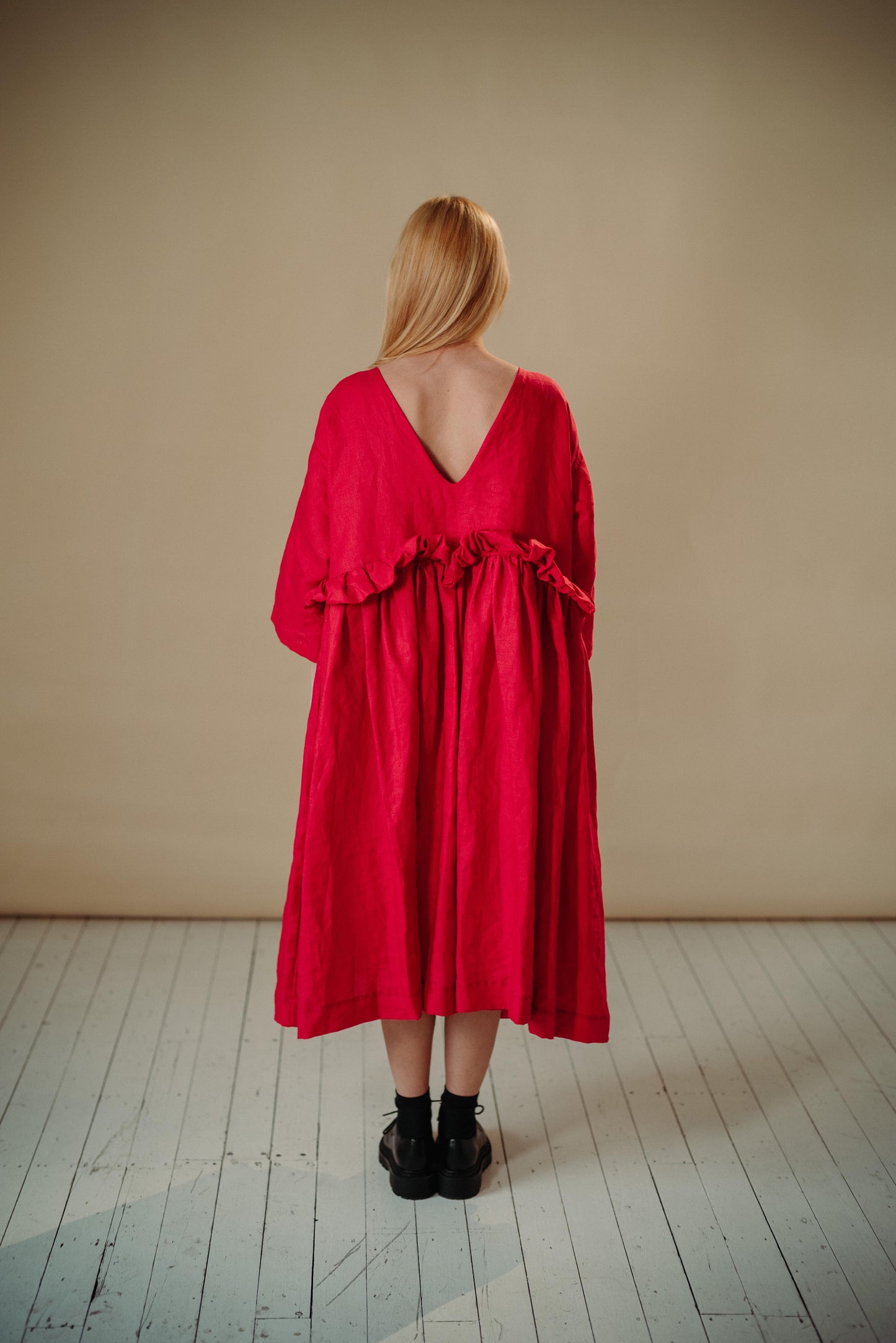 THE PUFF DRESS | POPPY | Our playful party dress this season.An effortless and feminine silhouette with a playful burst of puffed linen at the waist. Can be worn both ways, with 'V' to the front or back. The 'poppy' colourway is vibrant and fun. Created w