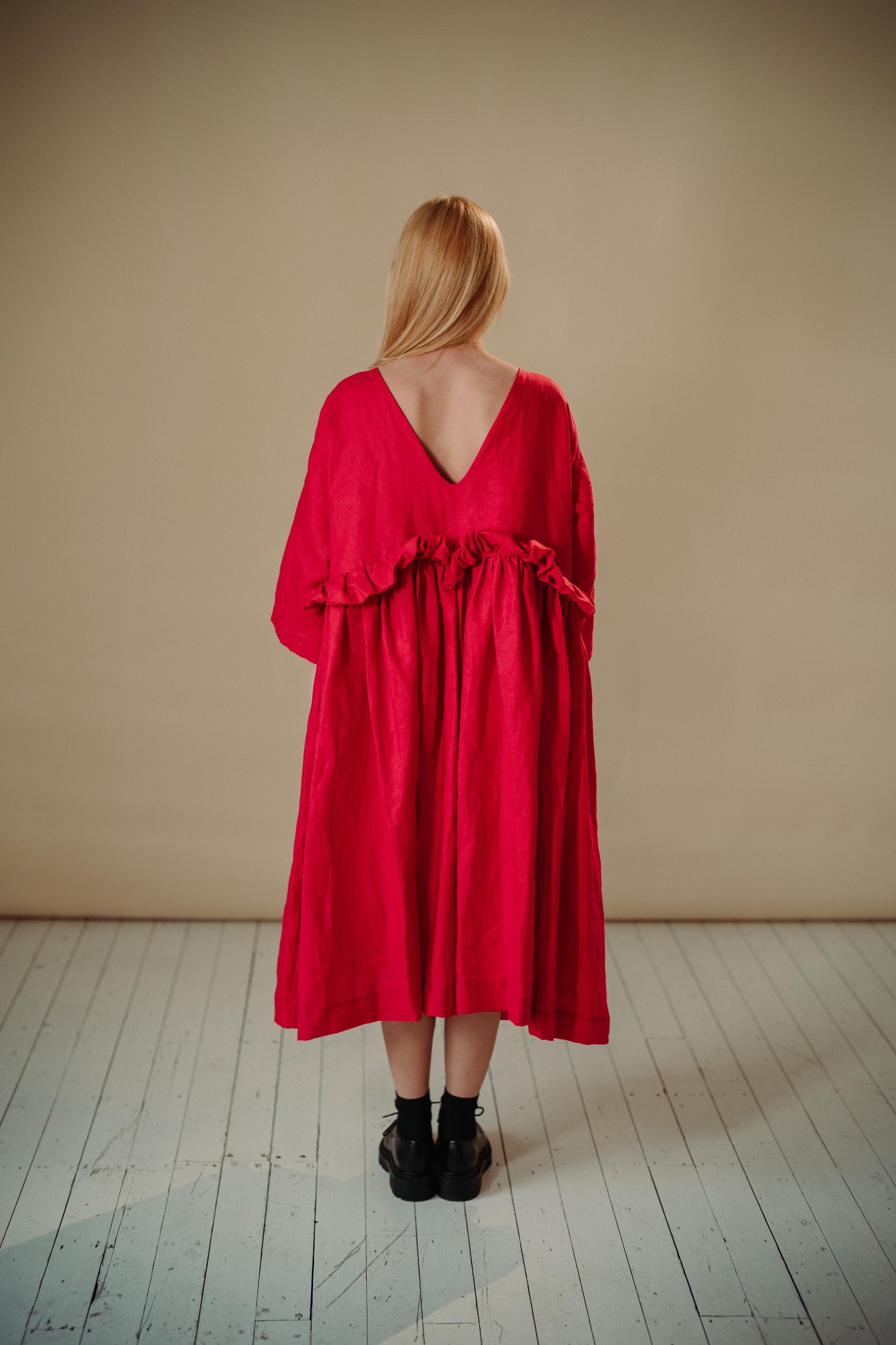THE PUFF DRESS | POPPY | Our playful party dress this season.An effortless and feminine silhouette with a playful burst of puffed linen at the waist. Can be worn both ways, with 'V' to the front or back. The 'poppy' colourway is vibrant and fun. Created w