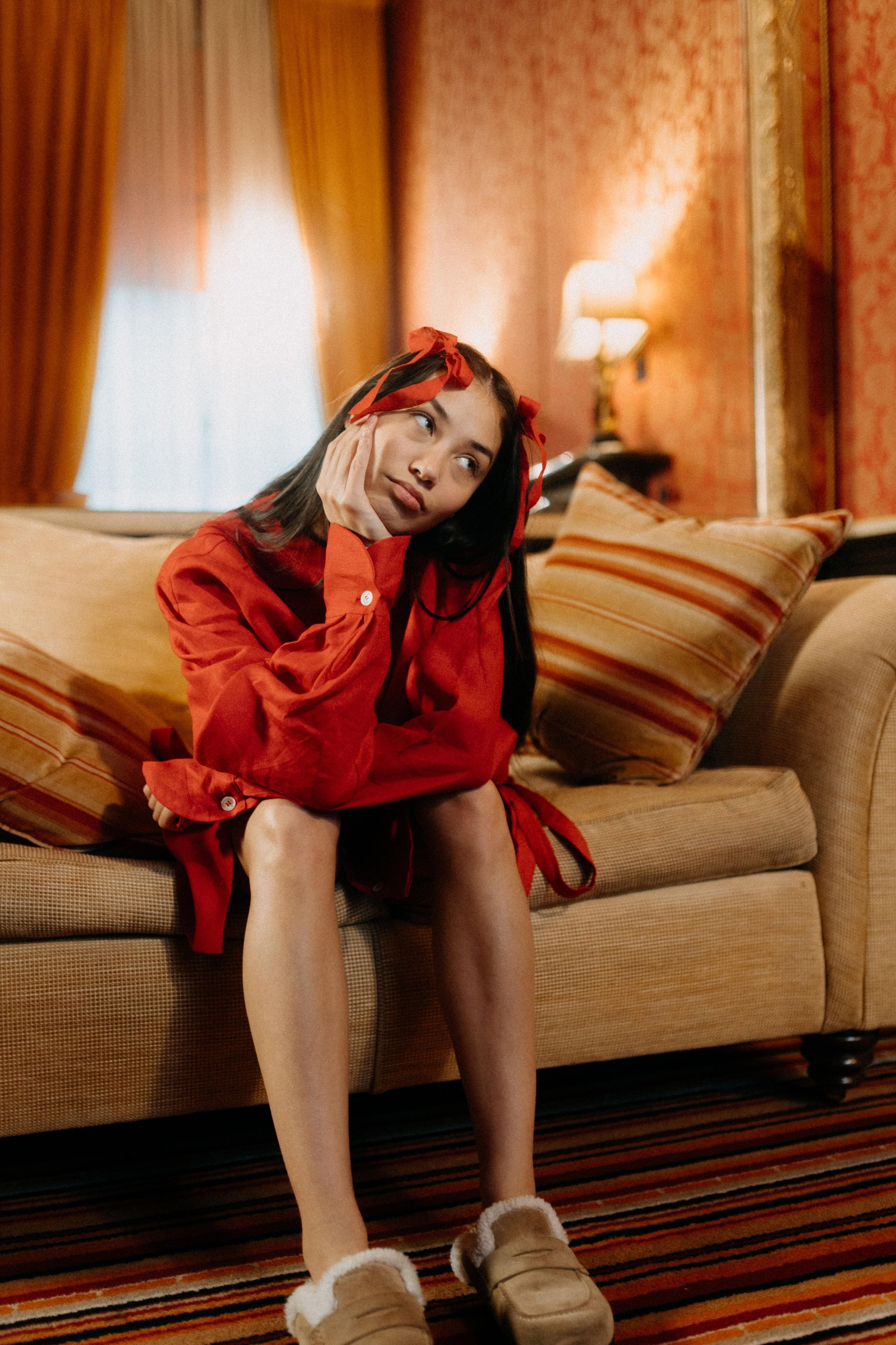 BOW SHIRT | RED | *Ready to Ship for Valentines ❤️A new special edition lounge set in our poppy red linen. The oversized shirt features a fold over detail beneath the arm which ties into a fun bow detail on either side. Wear with matching shorts, or by it