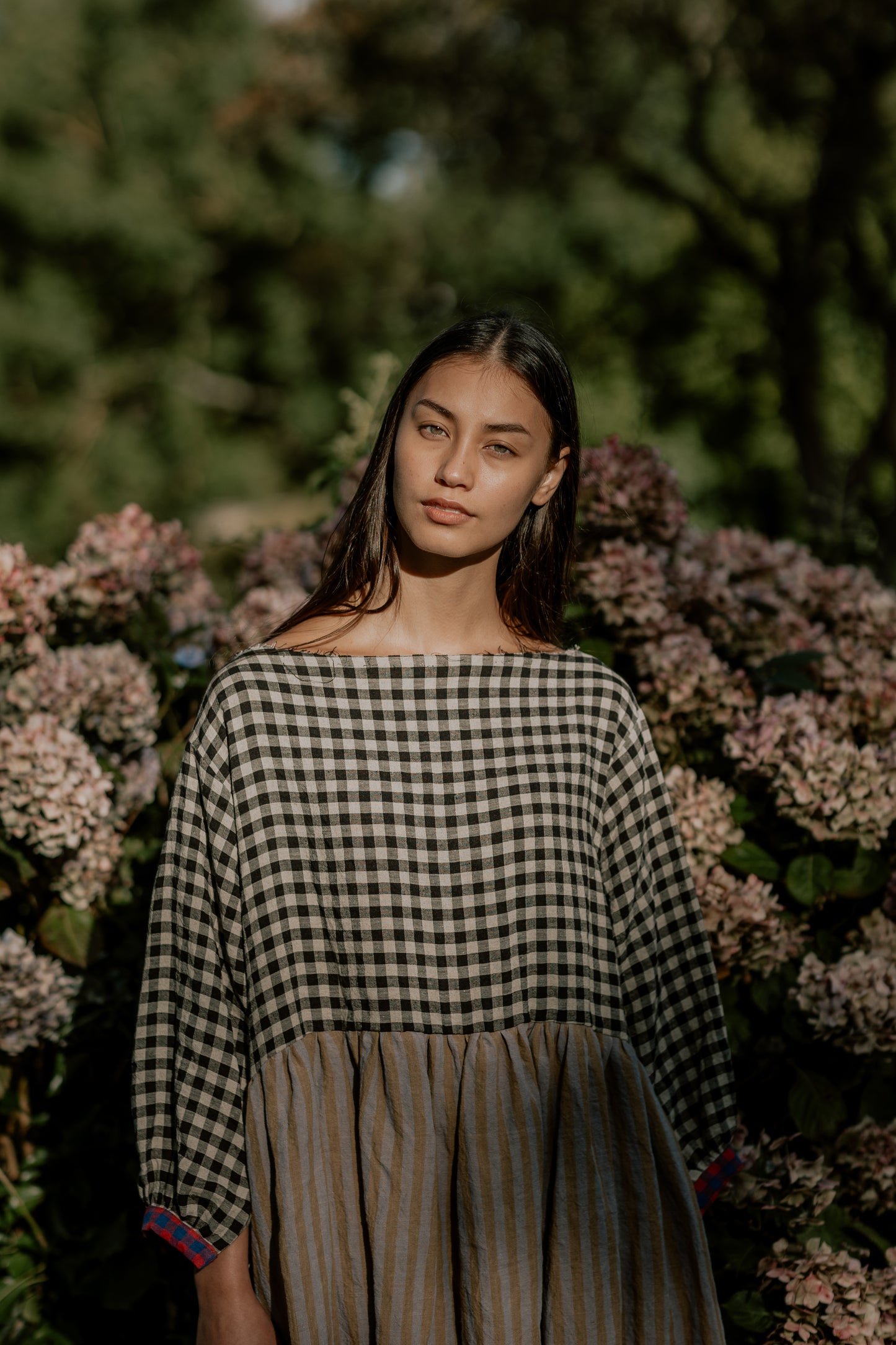 DELILAH DRESS | PATCHWORK | The Delilah Dress in patchwork. Created with beautiful soft tones of washed linen. A new silhouette for us - the dress features a longer hem and wide neckline. Works nicely with our new Mel knitted vest. Side seam pockets. Made