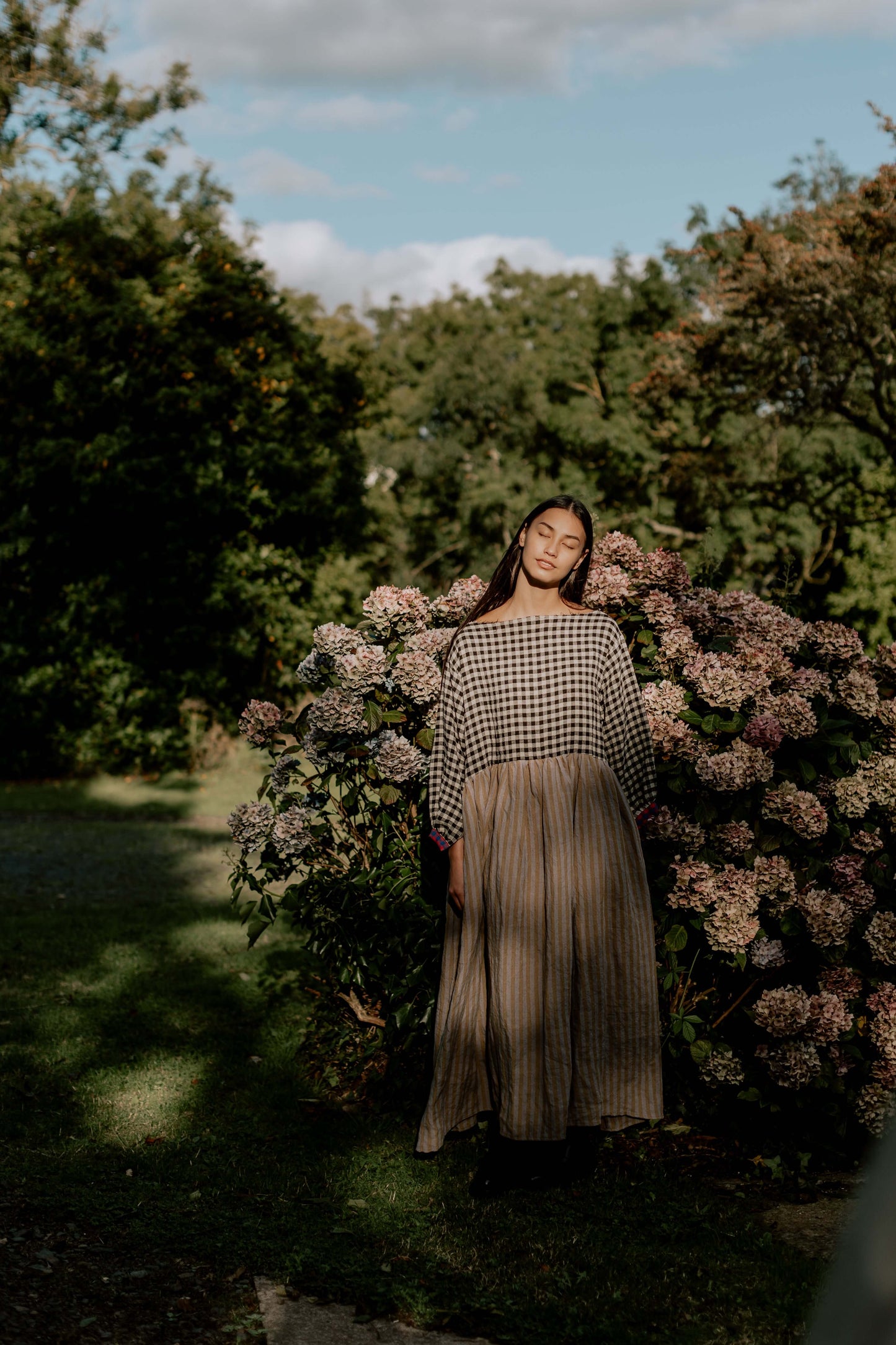 DELILAH DRESS | PATCHWORK | The Delilah Dress in patchwork. Created with beautiful soft tones of washed linen. A new silhouette for us - the dress features a longer hem and wide neckline. Works nicely with our new Mel knitted vest. Side seam pockets. Made