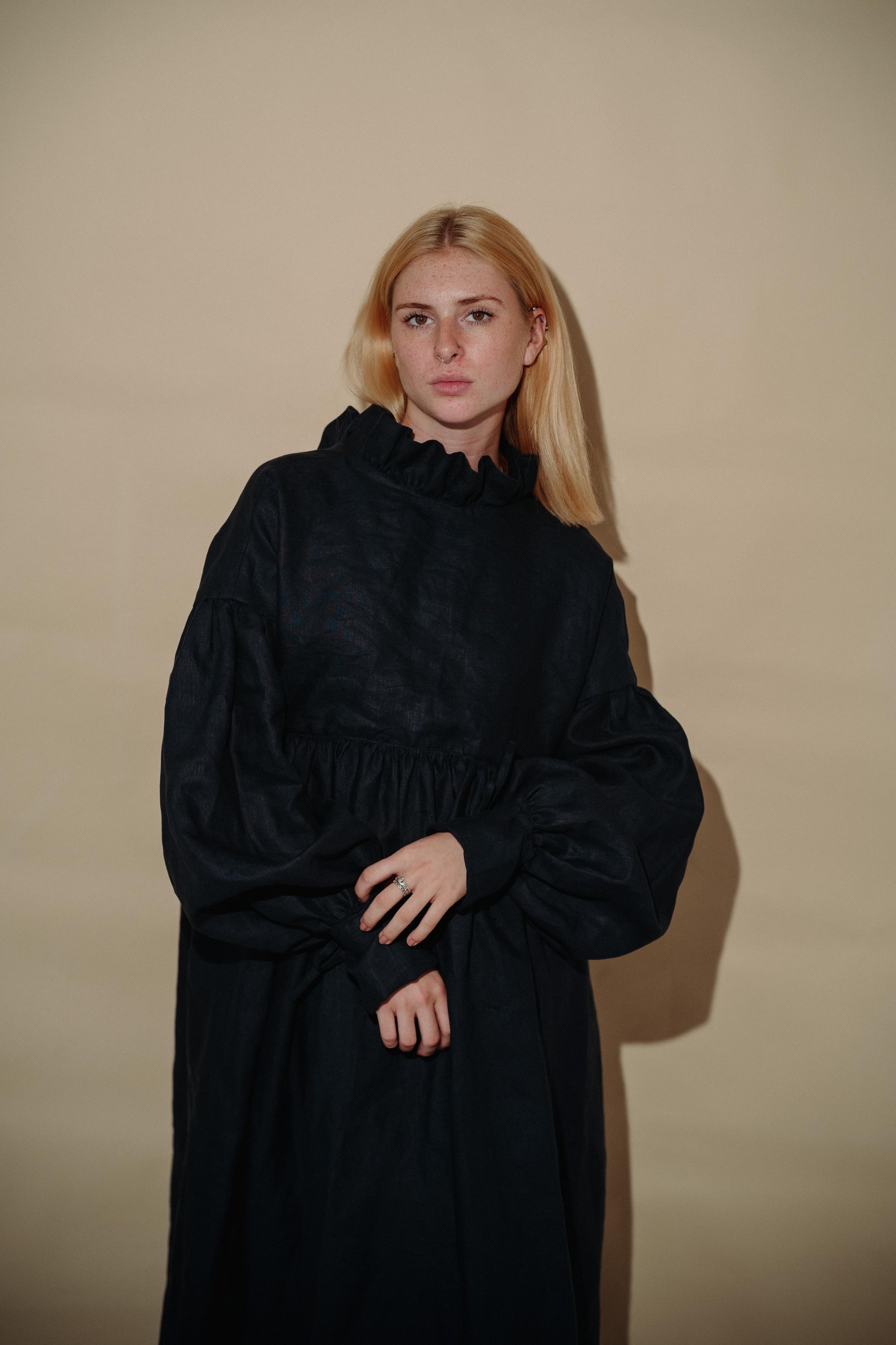 CAMILLE DRESS | NAVY | She has become one of our signature pieces, so we thought it only right to offer a wintery navy version. Camille is a delight to wear. A wrap dress that features a ruffle collar, balloon sleeves and a bow cuff detail. The dress can