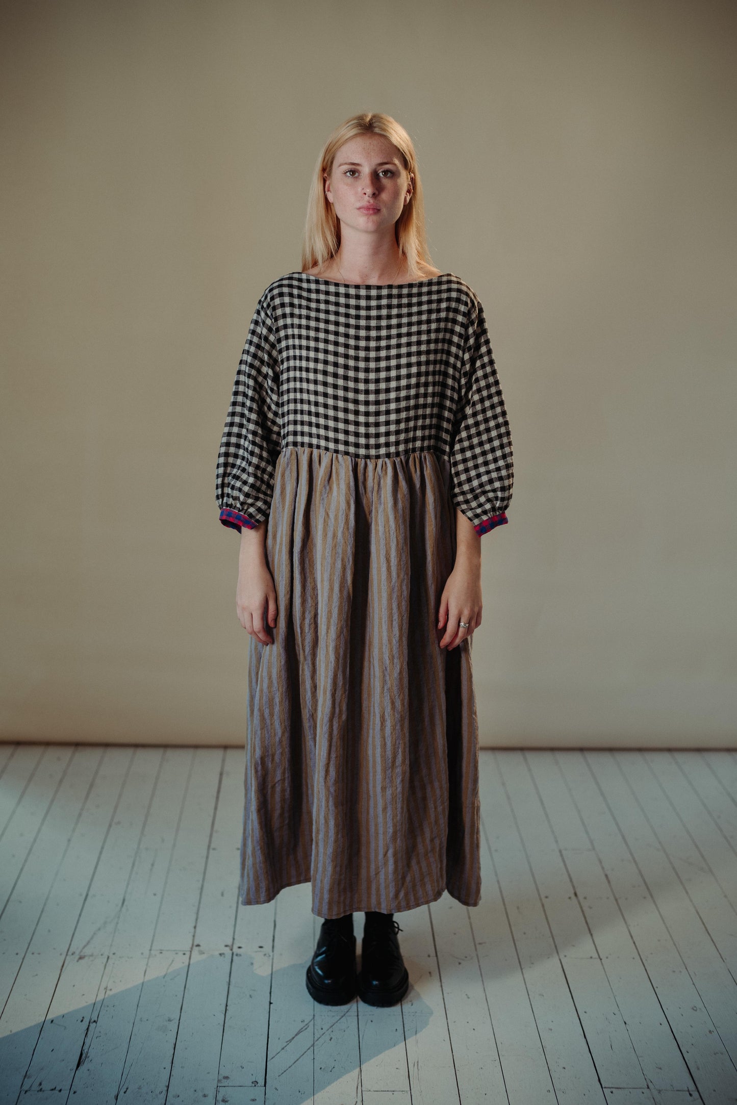 DELILAH DRESS | PATCHWORK | The Delilah Dress in patchwork. Created with beautiful soft tones of washed linen. A new silhouette for us - the dress features a longer hem and wide neckline. Works nicely with our new Mel knitted vest. Side seam pockets. Made