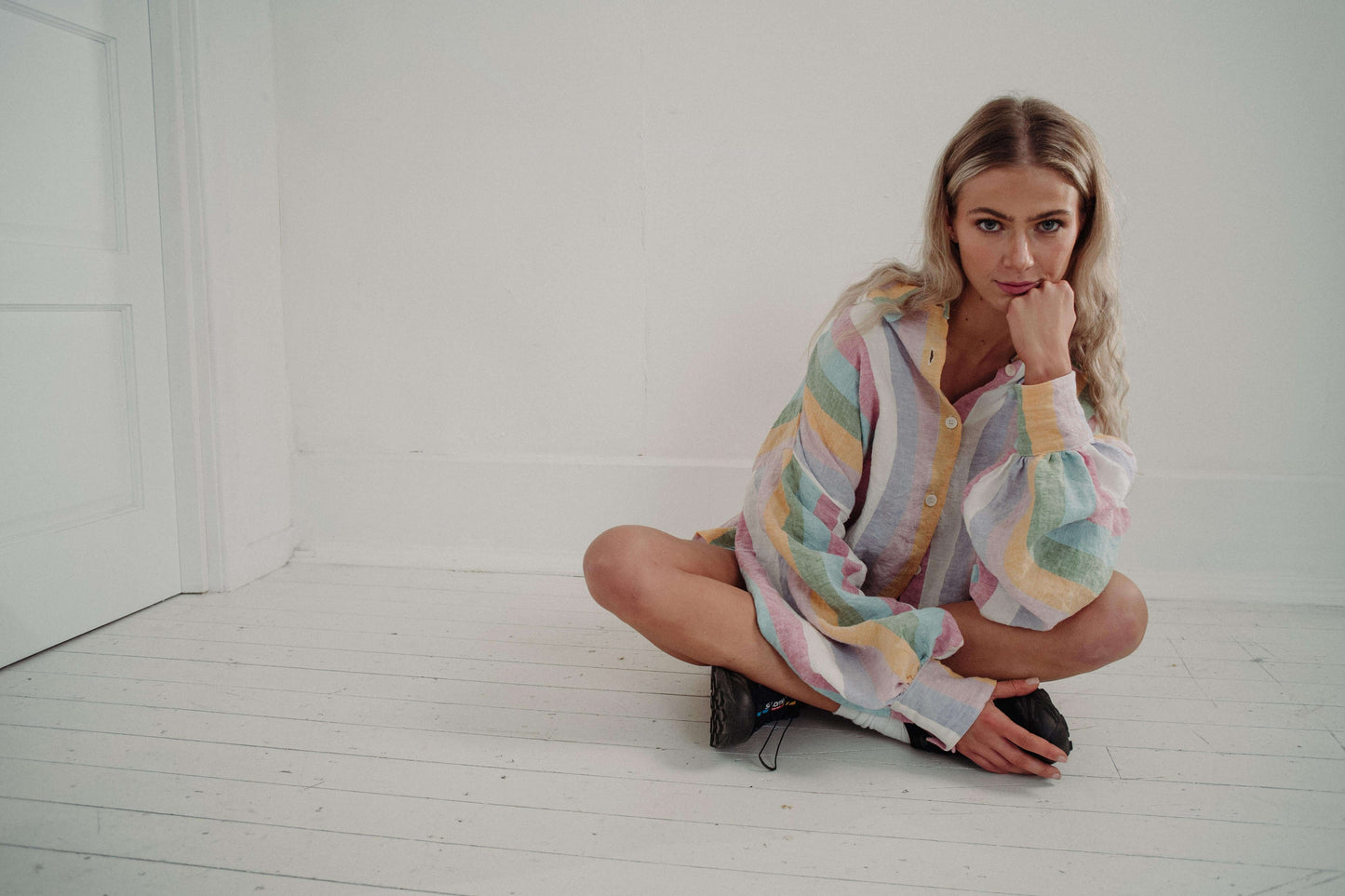 DOVE CADHLA SET | SHORTS | Our original Cadhla shirt set made with custom designed, rainbow Irish linen. This is such a 'feel good' summer set. Wear together or as separates - the combination of pastel stripes with voluminous sleeves are sure to put you i