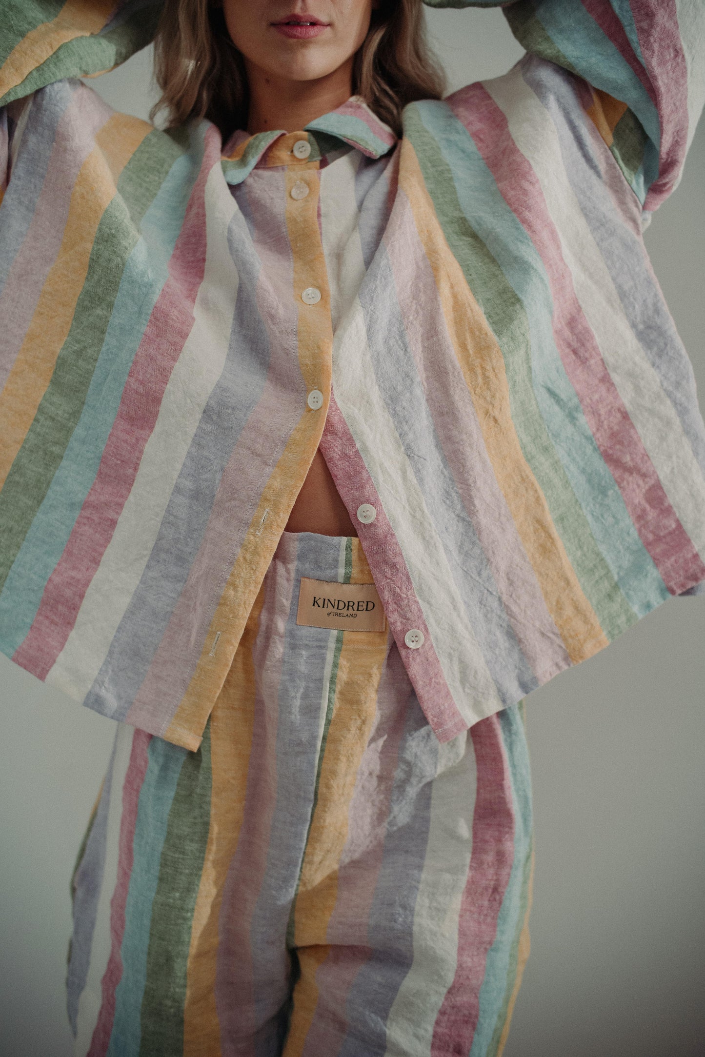 DOVE CADHLA SHORTS | Add a subtle spash of colour to your Summer wardrobe. The Dove shorts are created with our custom rainbow stripe Irish linen. The shorts are comfortable and flattering making them an easy to wear summer staple. An elasticated waistban
