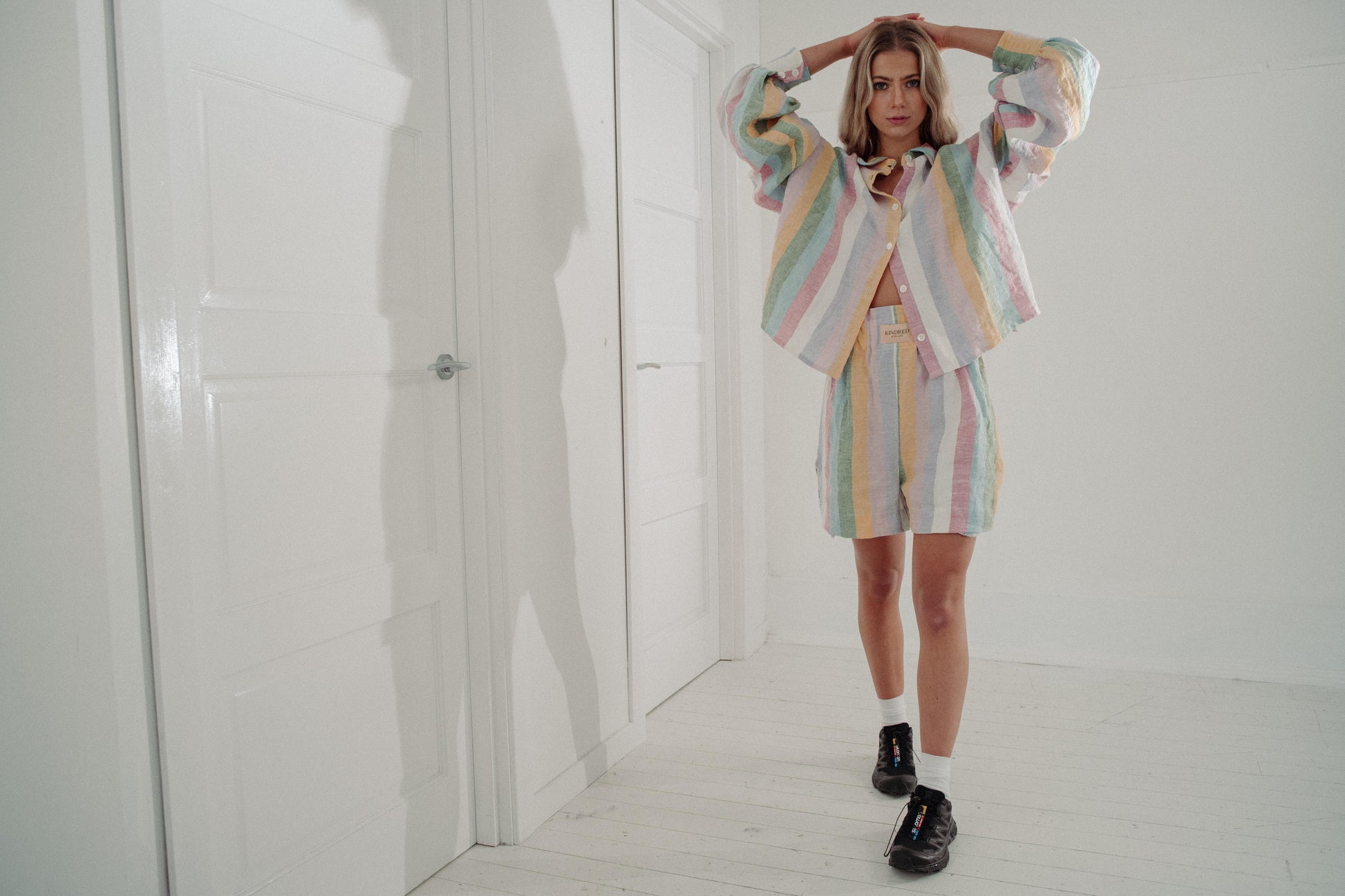 DOVE CADHLA SHORTS | Add a subtle spash of colour to your Summer wardrobe. The Dove shorts are created with our custom rainbow stripe Irish linen. The shorts are comfortable and flattering making them an easy to wear summer staple. An elasticated waistban