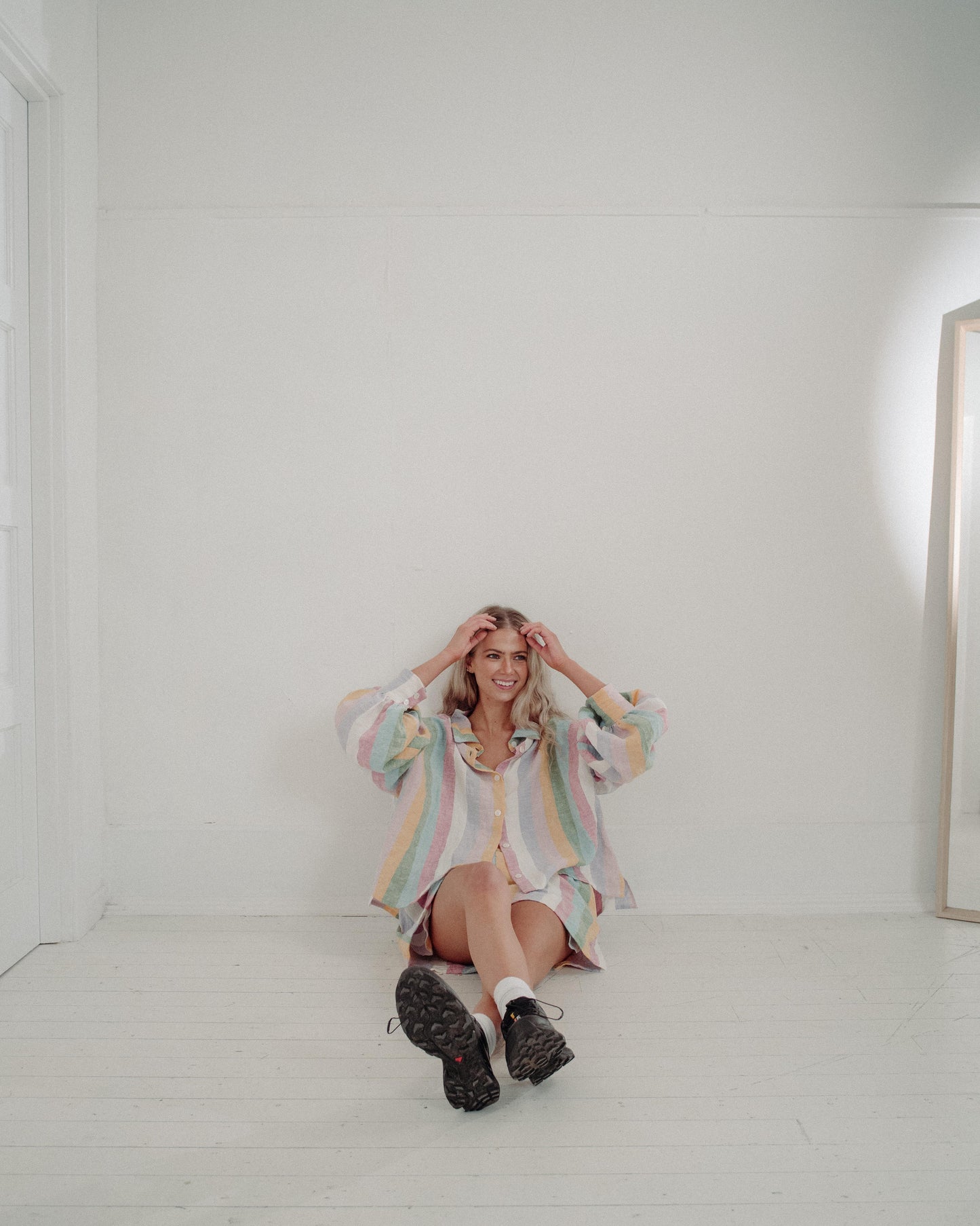 DOVE CADHLA SET | SHORTS | Our original Cadhla shirt set made with custom designed, rainbow Irish linen. This is such a 'feel good' summer set. Wear together or as separates - the combination of pastel stripes with voluminous sleeves are sure to put you i