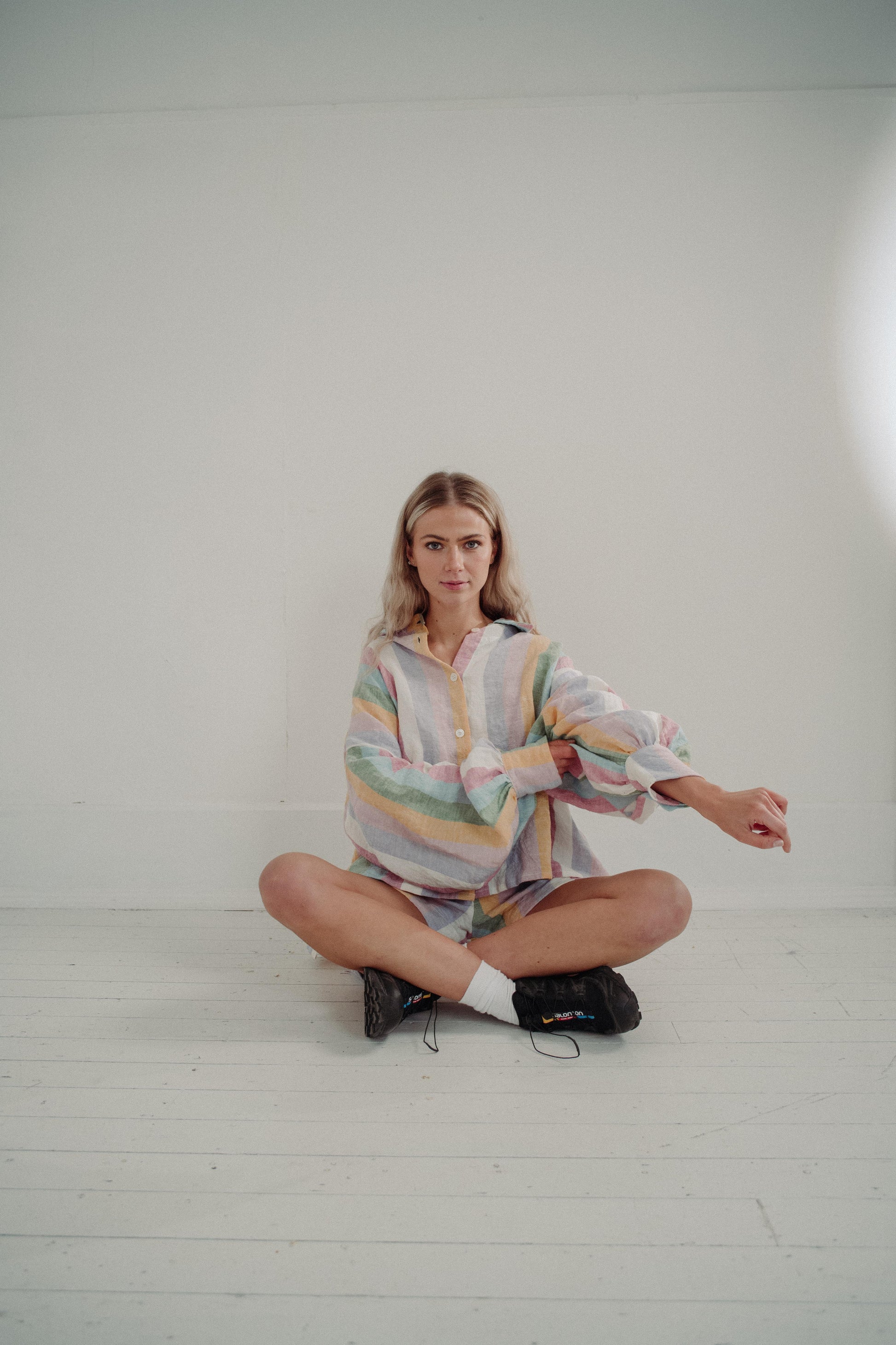 DOVE CADHLA SET | SHORTS | Our original Cadhla shirt set made with custom designed, rainbow Irish linen. This is such a 'feel good' summer set. Wear together or as separates - the combination of pastel stripes with voluminous sleeves are sure to put you i