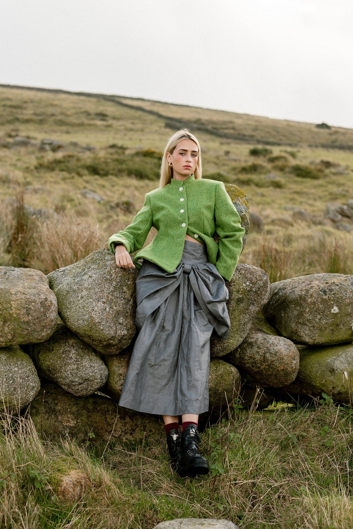 Inheritance Blazer in Shamrock; Beetled Bow Skirt in Slate
