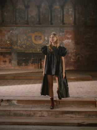 Bell Ringing Dress in Black Beetled Linen