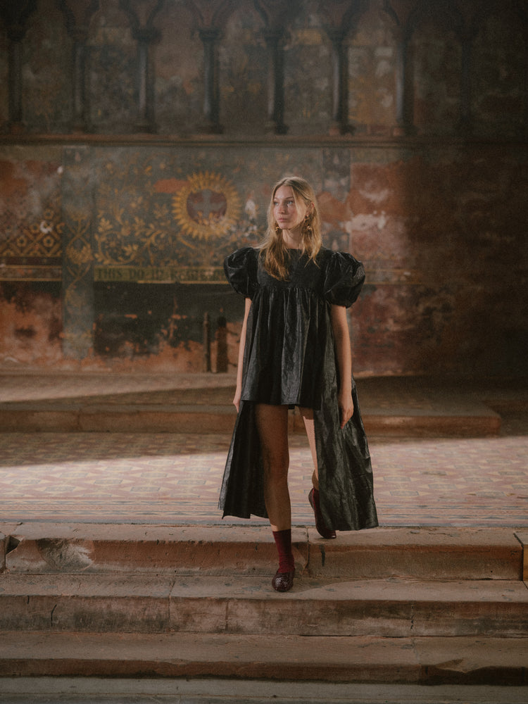 Bell Ringing Dress in Black Beetled Linen