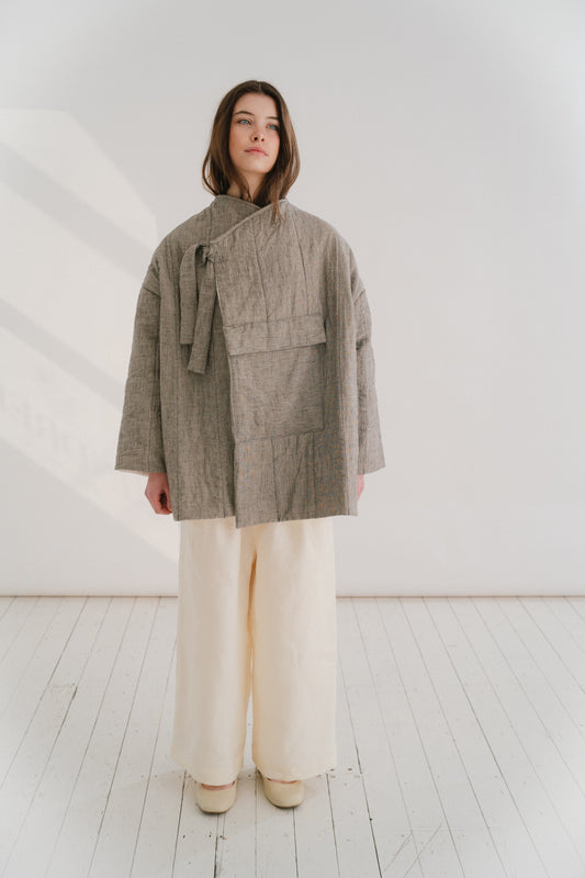 BLANKET JACKET | New for SS24- The Blanket Jacket. Inspired by the idea of wrapping yourself up in a warm blanket to star gaze at night. Cut in a simple kimono shape, hand quilted in our Belfast studio. Created with our new soft black and white check line