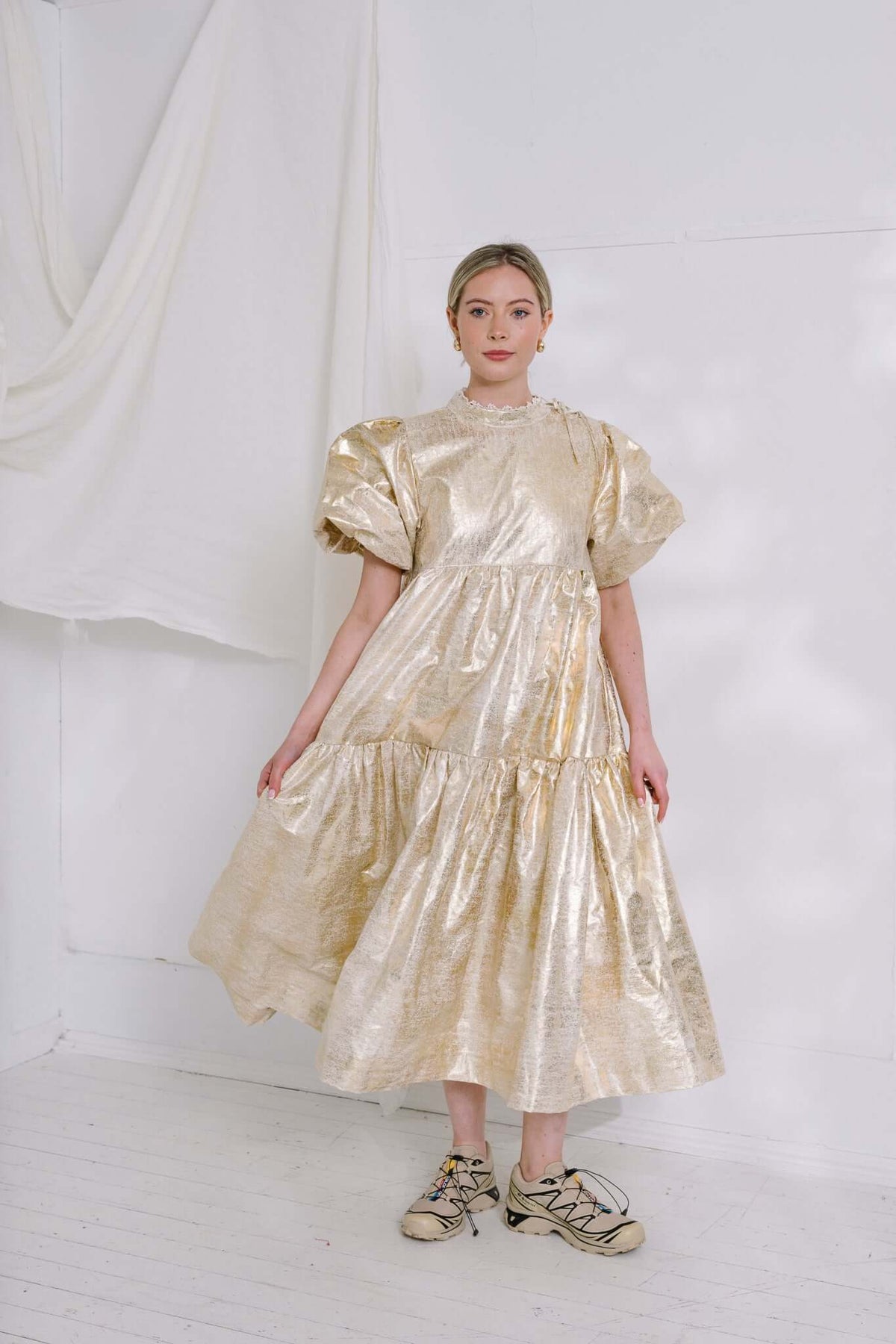 gold dresses ireland Pernilla Placement Printed Belted Short Dress Gold – APOELLA