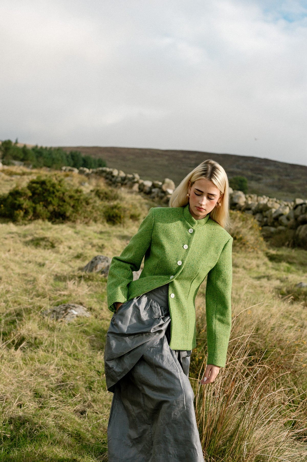 Inheritance Blazer in Shamrock; Beetled Bow Skirt in Slate