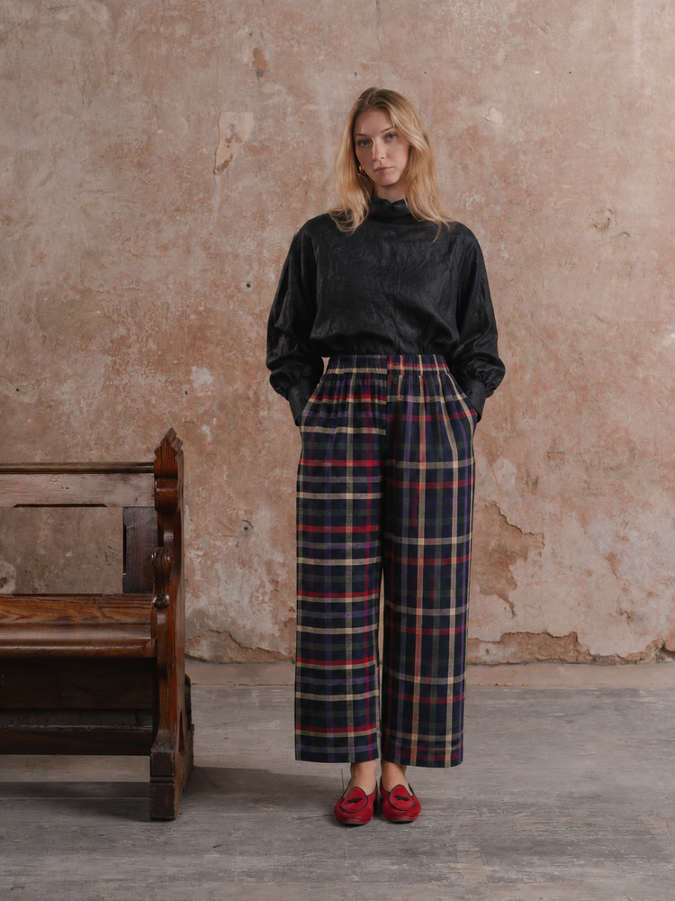 Amelia Trousers in Stained Glass linen, front view, styled with a black linen top.