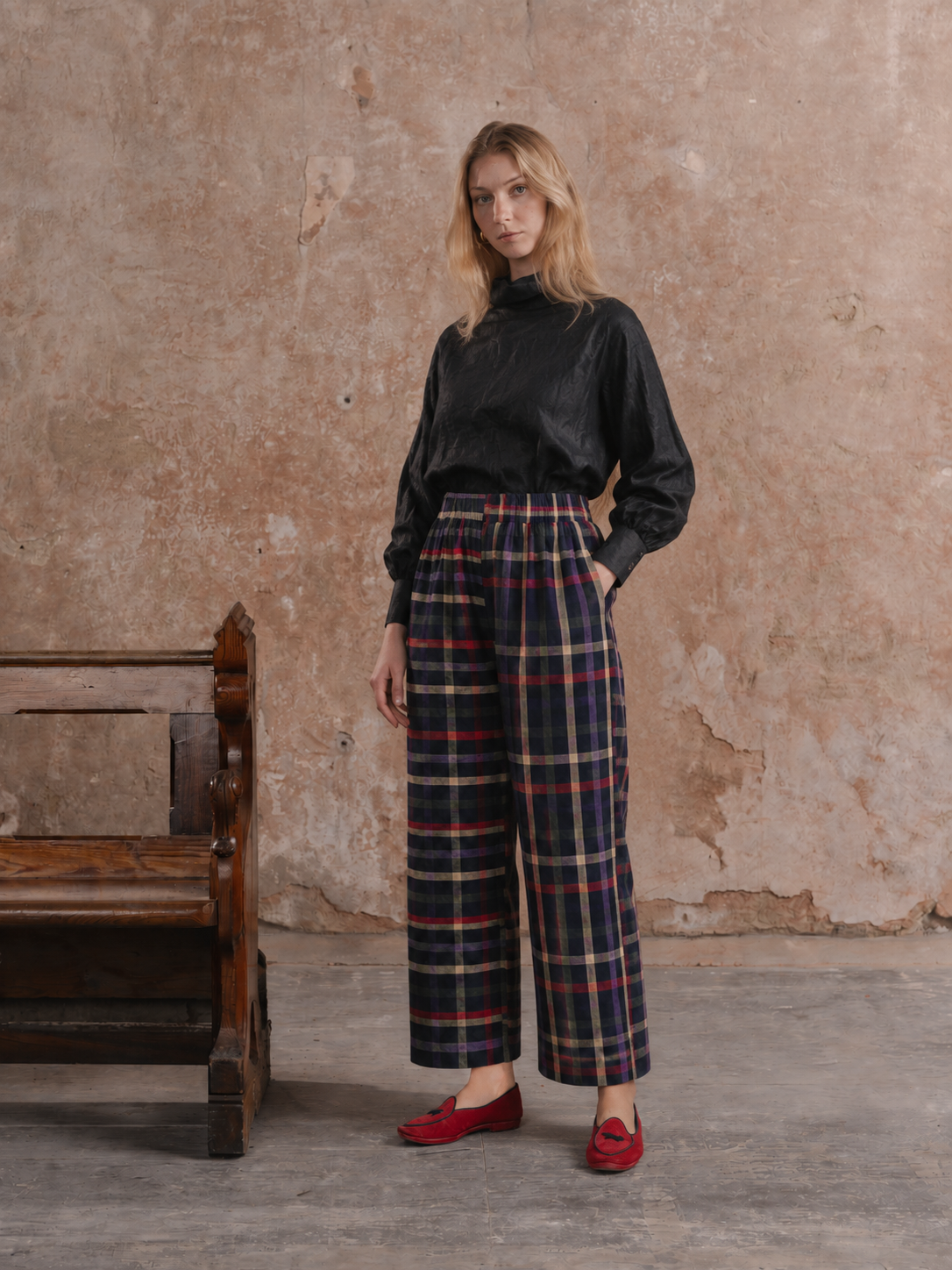 Amelia Trousers in Stained Glass linen, three-quarter view, styled with a black linen top.