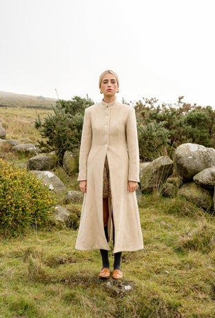 Inheritance Coat in Candlelight Tweed, full-length front view in the Emma Kenny campaign.