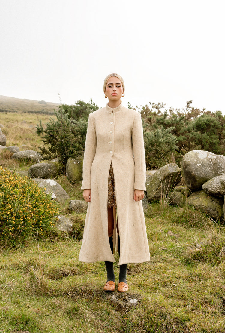 Inheritance Coat in Candlelight Tweed, full-length front view in the Emma Kenny campaign.