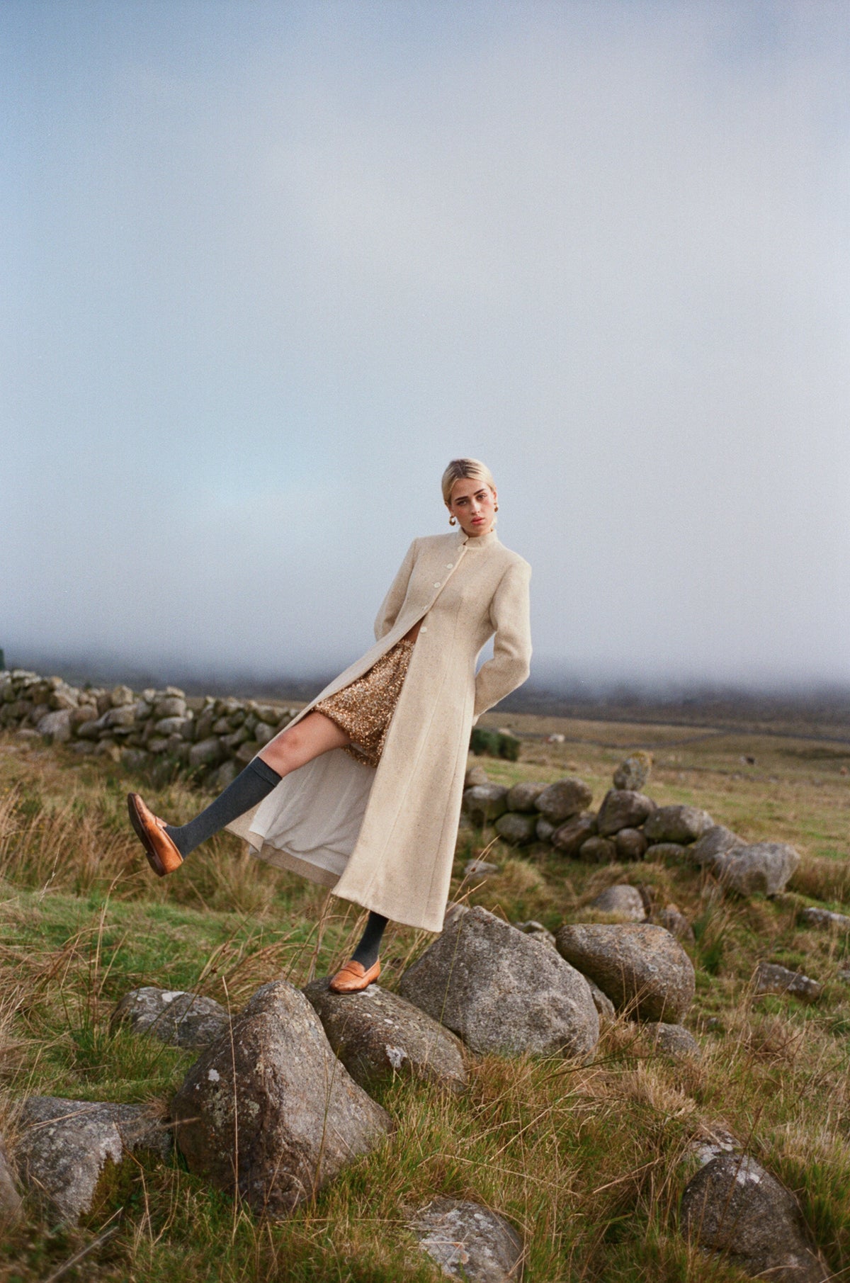Inheritance Coat in Candlelight Tweed with Twinkle Tweed puff shorts, campaign photograph by Emma Kenny.