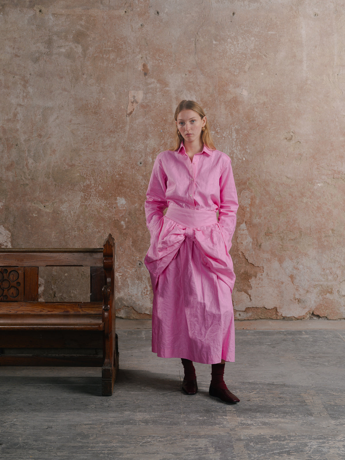 Dad’s Shirt in Loinnir Pink; Bow Skirt in Loinnir Pink