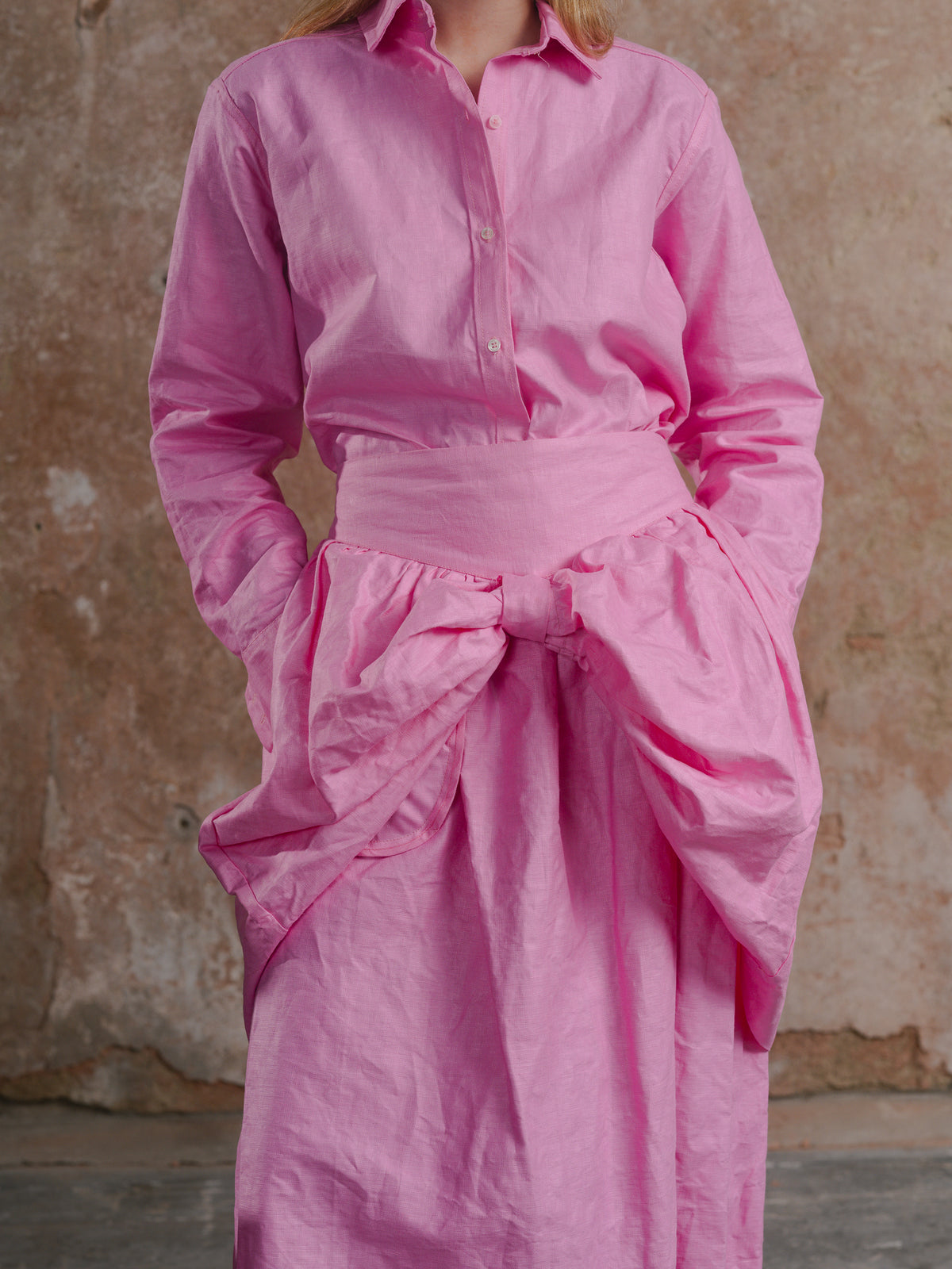 Dad’s Shirt in Loinnir Pink; Bow Skirt in Loinnir Pink