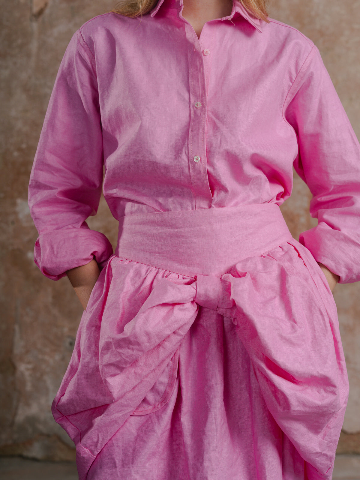 Dad’s Shirt in Loinnir Pink; Bow Skirt in Loinnir Pink