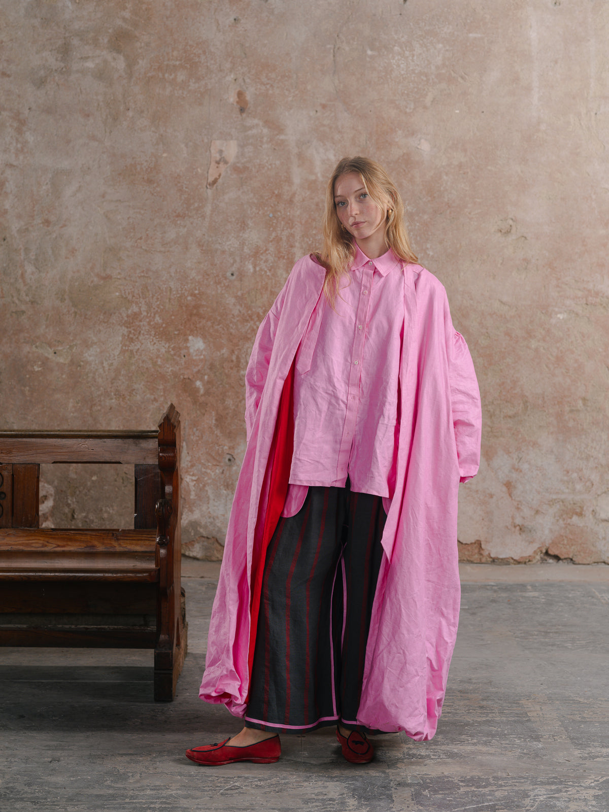 Dad’s Shirt in Loinnir Pink; Dad’s Tie in Loinnir Pink; Sweetie Trousers; Anointed Coat in Loinnir Pink
