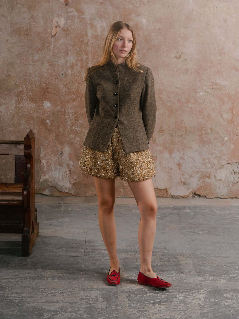 Inheritance Blazer in Brown; Puff Shorts in Twinkle Tweed