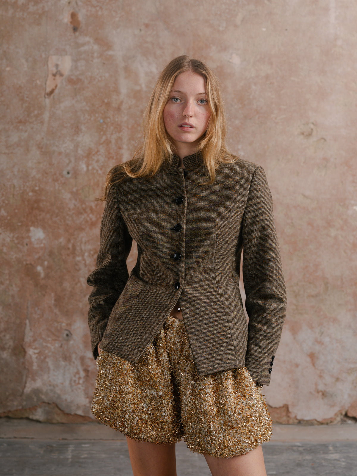 Inheritance Blazer in Brown; Puff Shorts in Twinkle Tweed