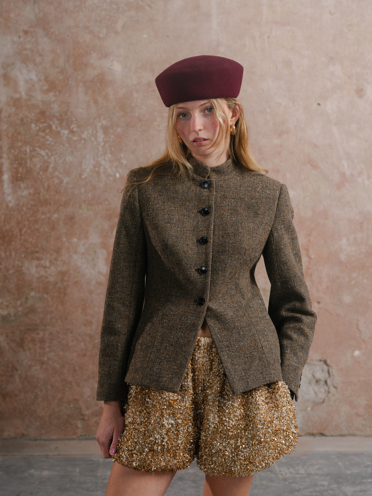 Inheritance Blazer in Brown; Puff Shorts in Twinkle Tweed
