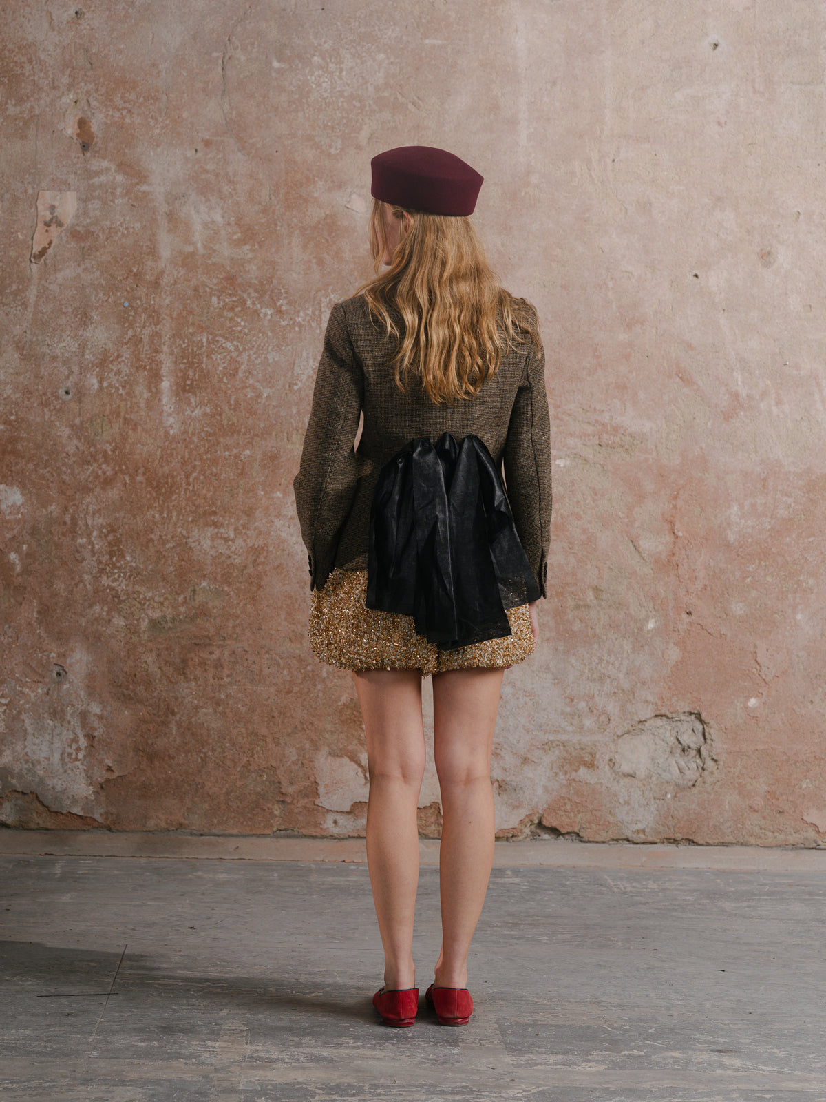 Inheritance Blazer in Brown; Puff Shorts in Twinkle Tweed