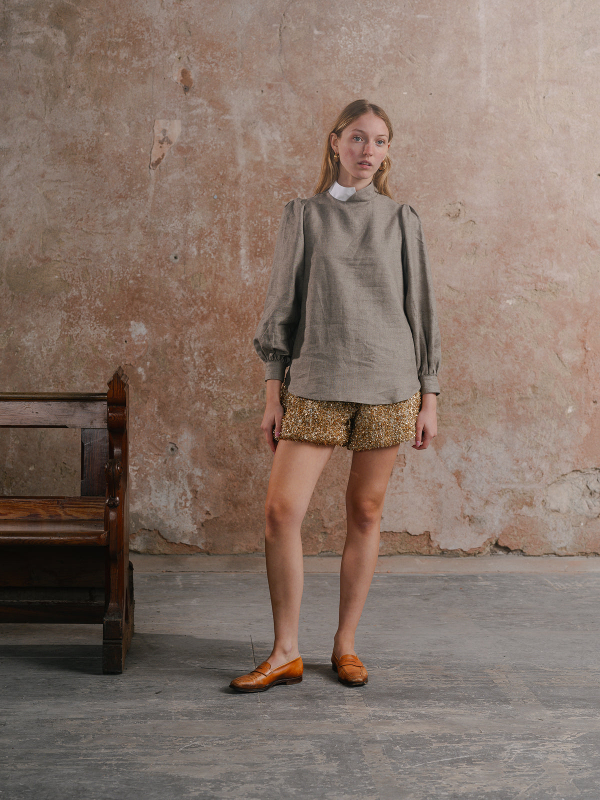 Puff Shorts in Twinkle Tweed; Agnes Shirt