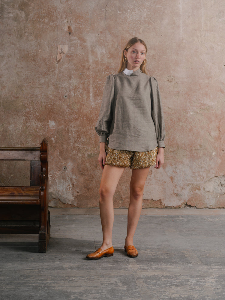 Puff Shorts in Twinkle Tweed; Agnes Shirt