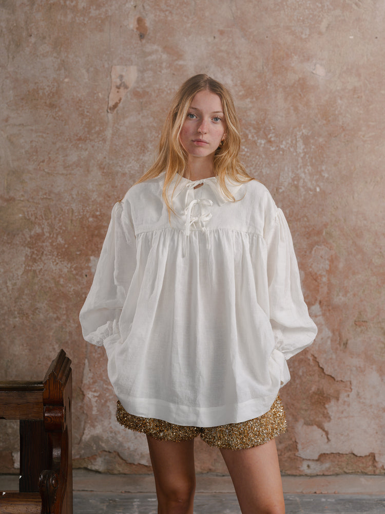 Puff Shorts in Twinkle Tweed; Choir Practice Shirt