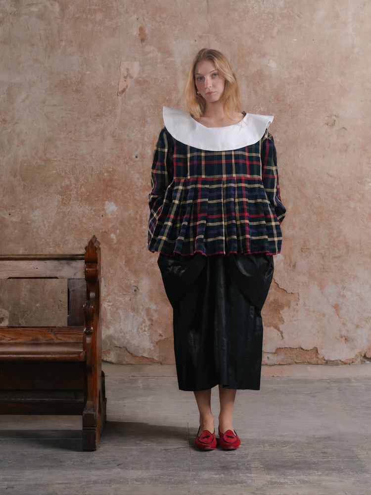Hallowed Blouse in Stained Glass linen with white collar; Beetled Bow Skirt in black