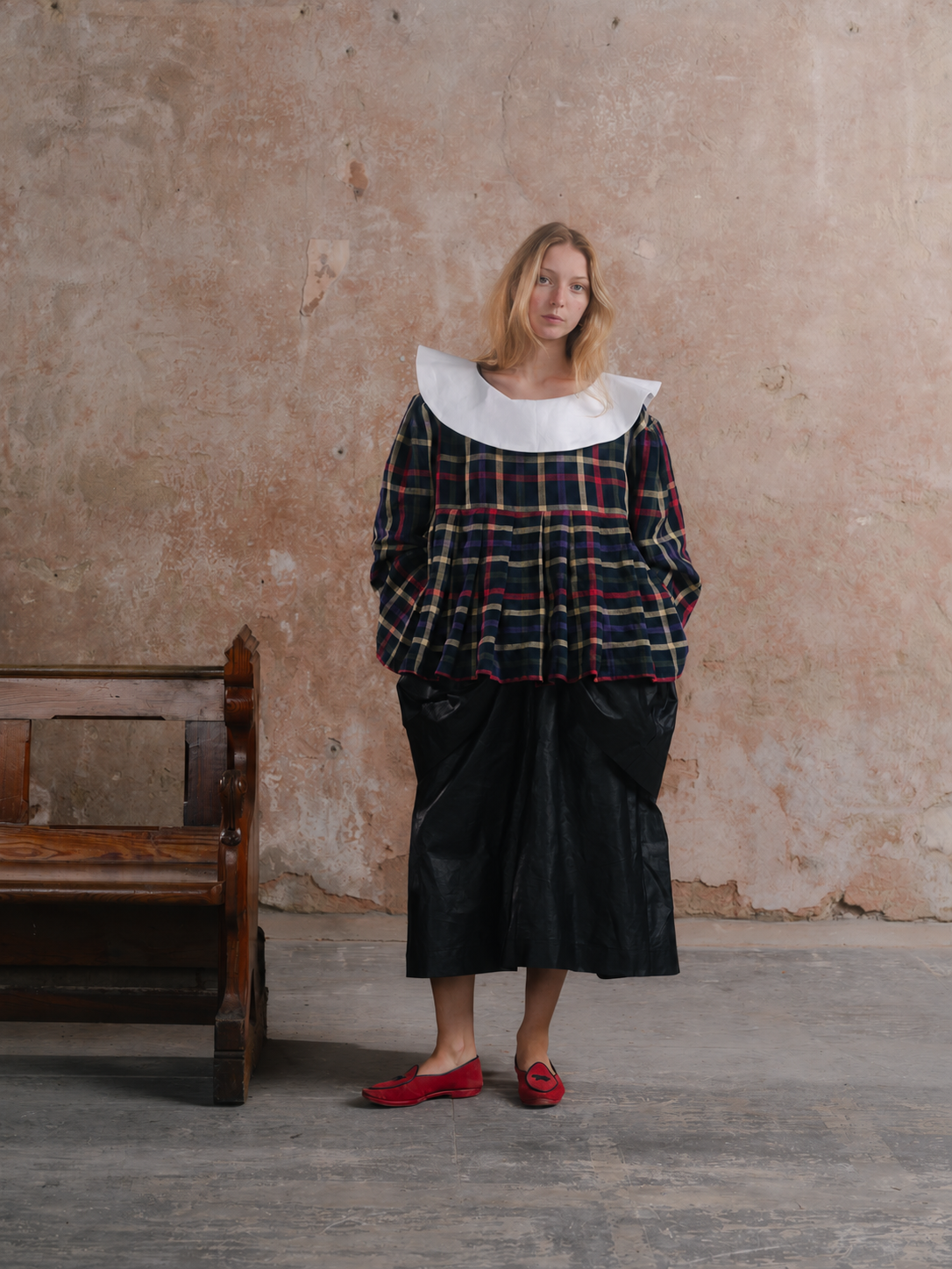 Hallowed Blouse in Stained Glass linen with white collar; Beetled Bow Skirt in black