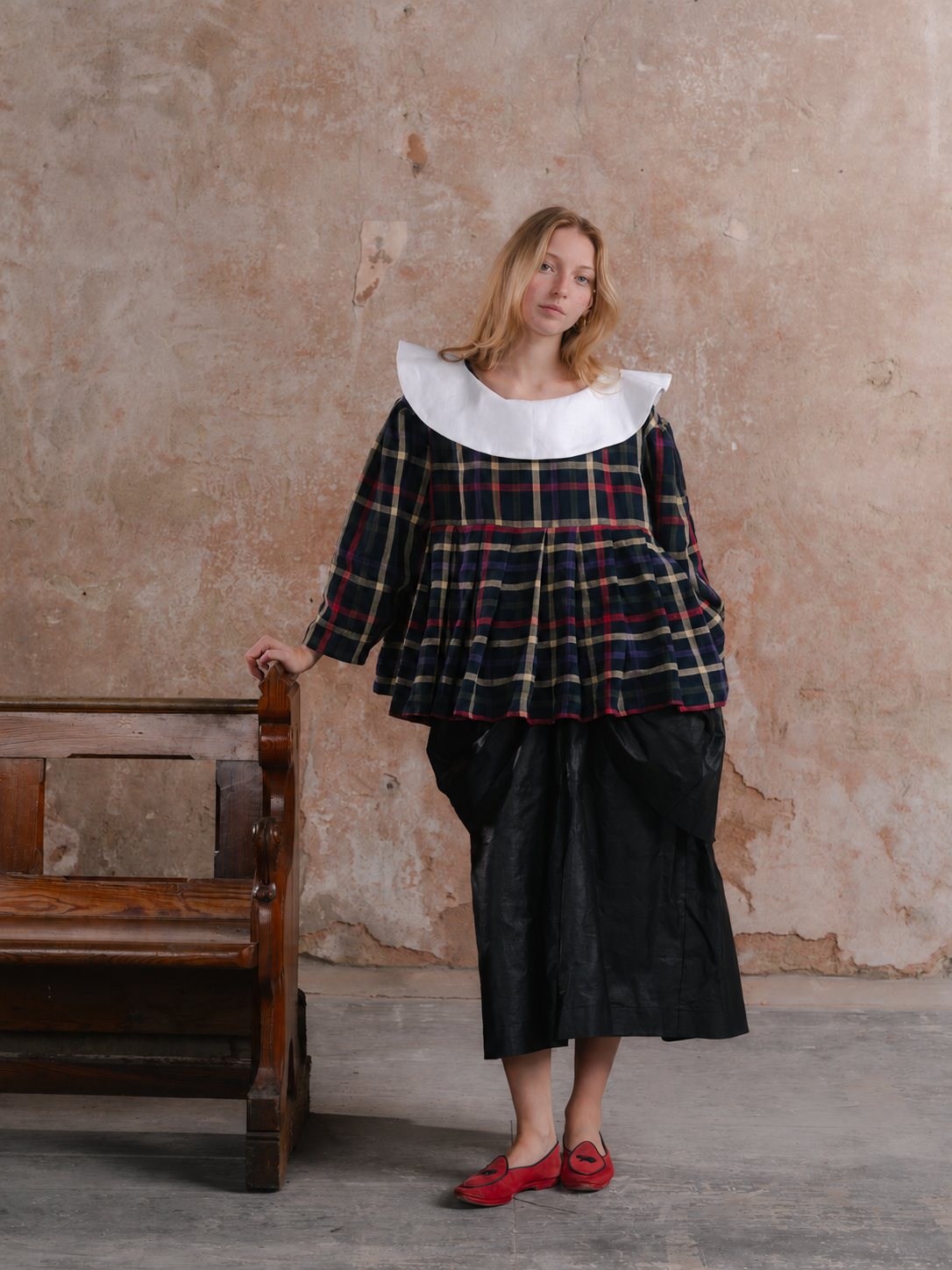 Hallowed Blouse in Stained Glass linen with white collar; Beetled Bow Skirt in black