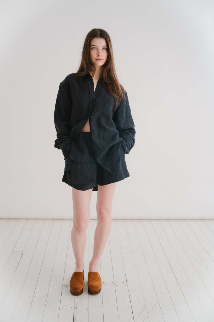 GUIDE SHIRT - NAVY STRIPE | In keeping with our ethos of designing every day staples that you will reach for time and time again, let us introduce our new Guide Shirt. A slimmer line shirt than our usual offering, making this one a great basic for pairing