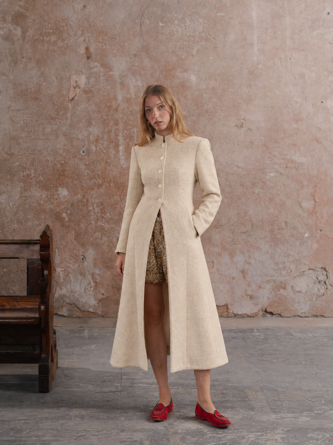 Inheritance Coat in Candlelight Tweed, full-length three-quarter front.