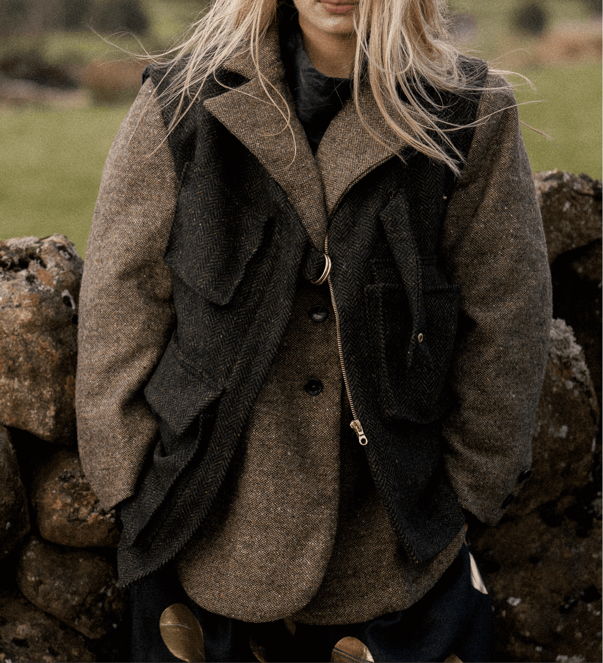 ASYMMETRIC TWEED GILET | GREEN